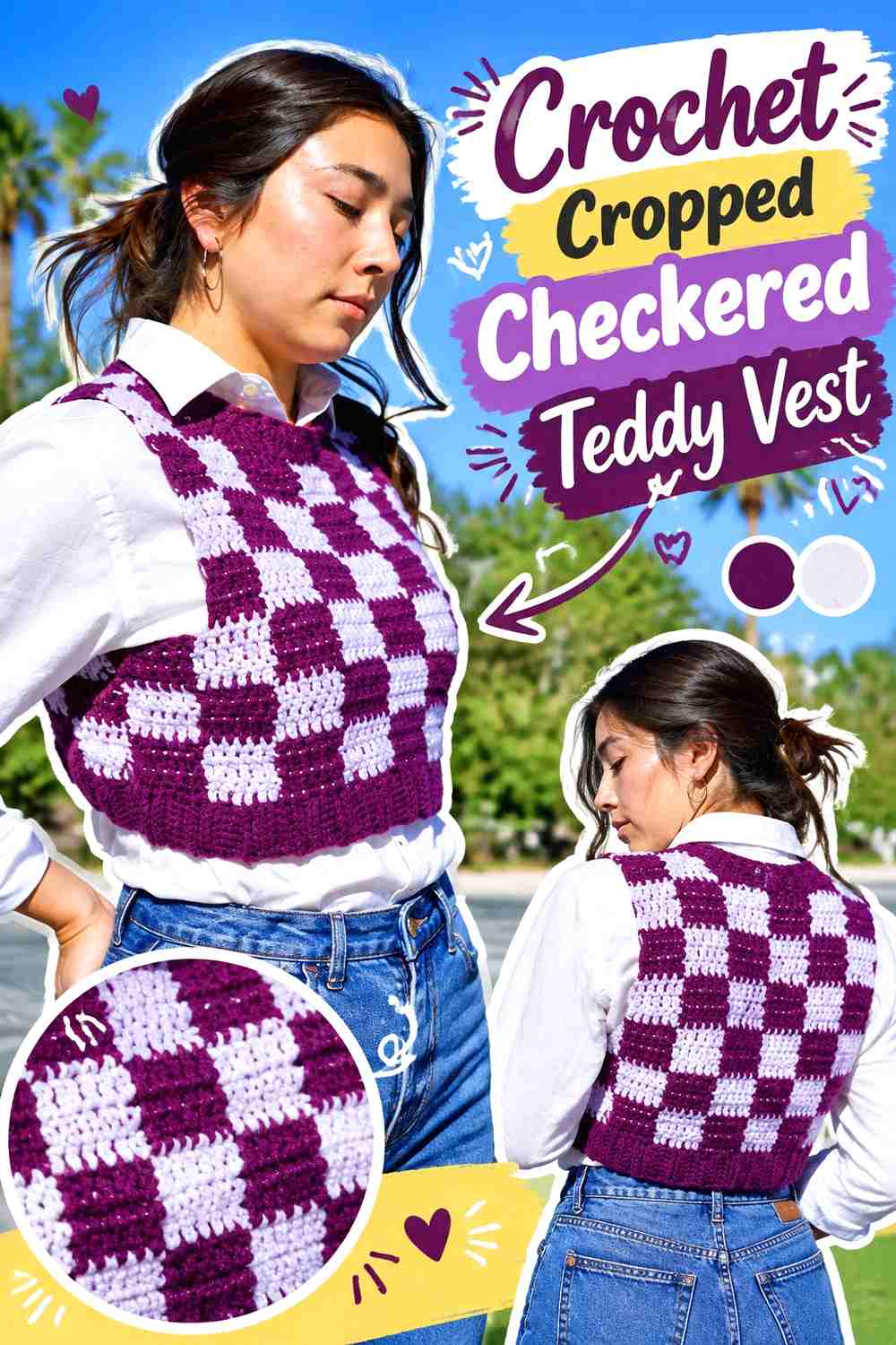 13. Crochet Cropped Checkered Teddy Vest