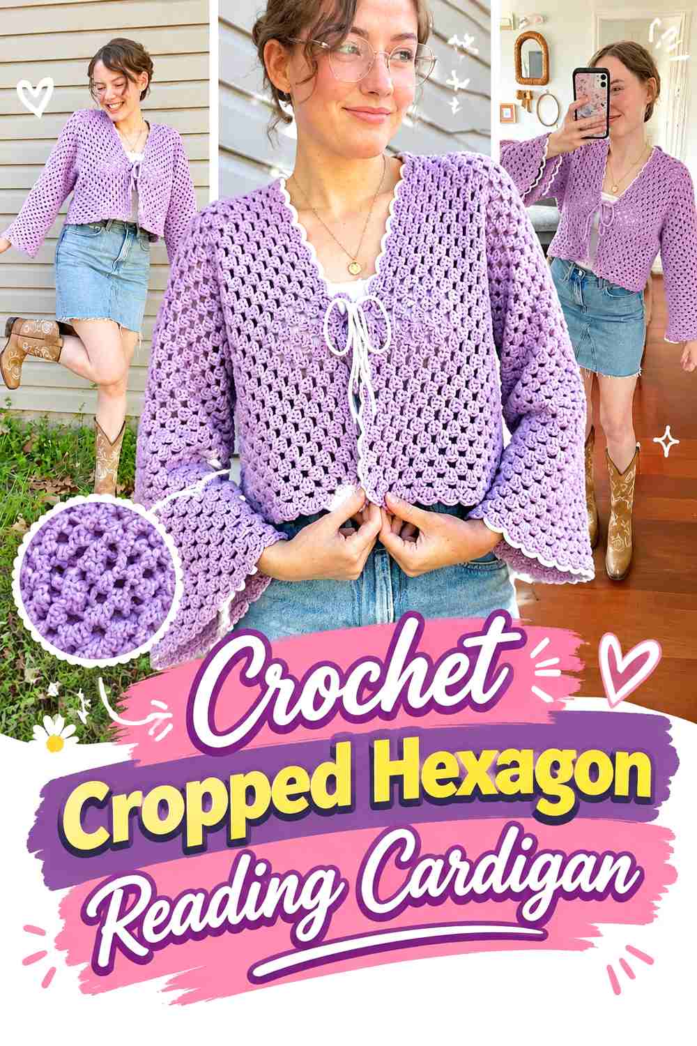6. Crochet Cropped Hexagon Reading Cardigan