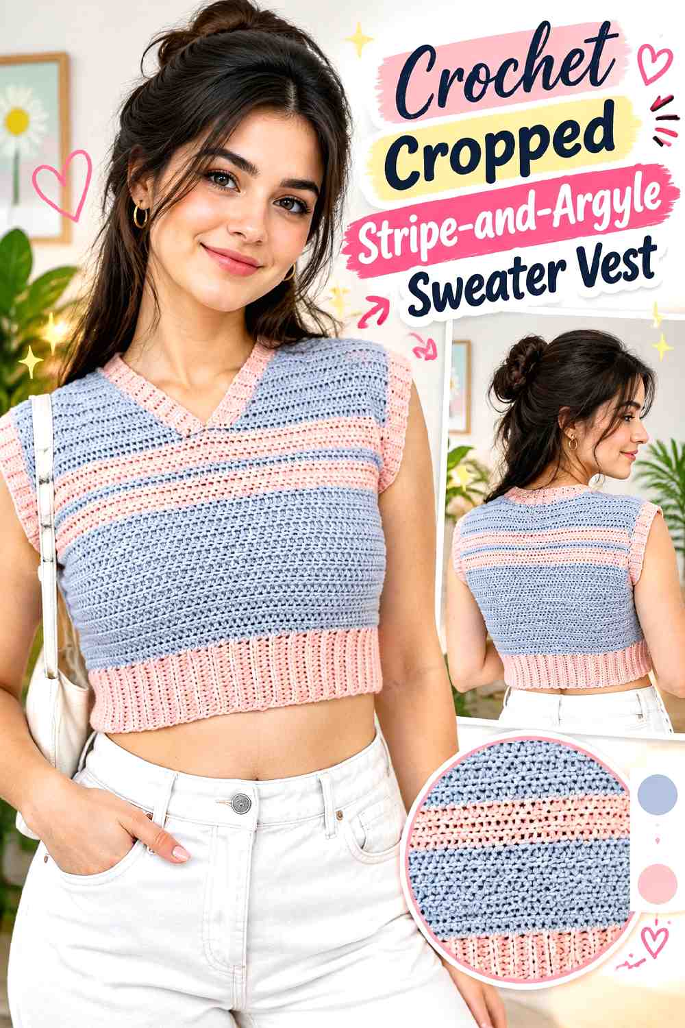 4. Crochet Cropped Stripe And Argyle Sweater Vest