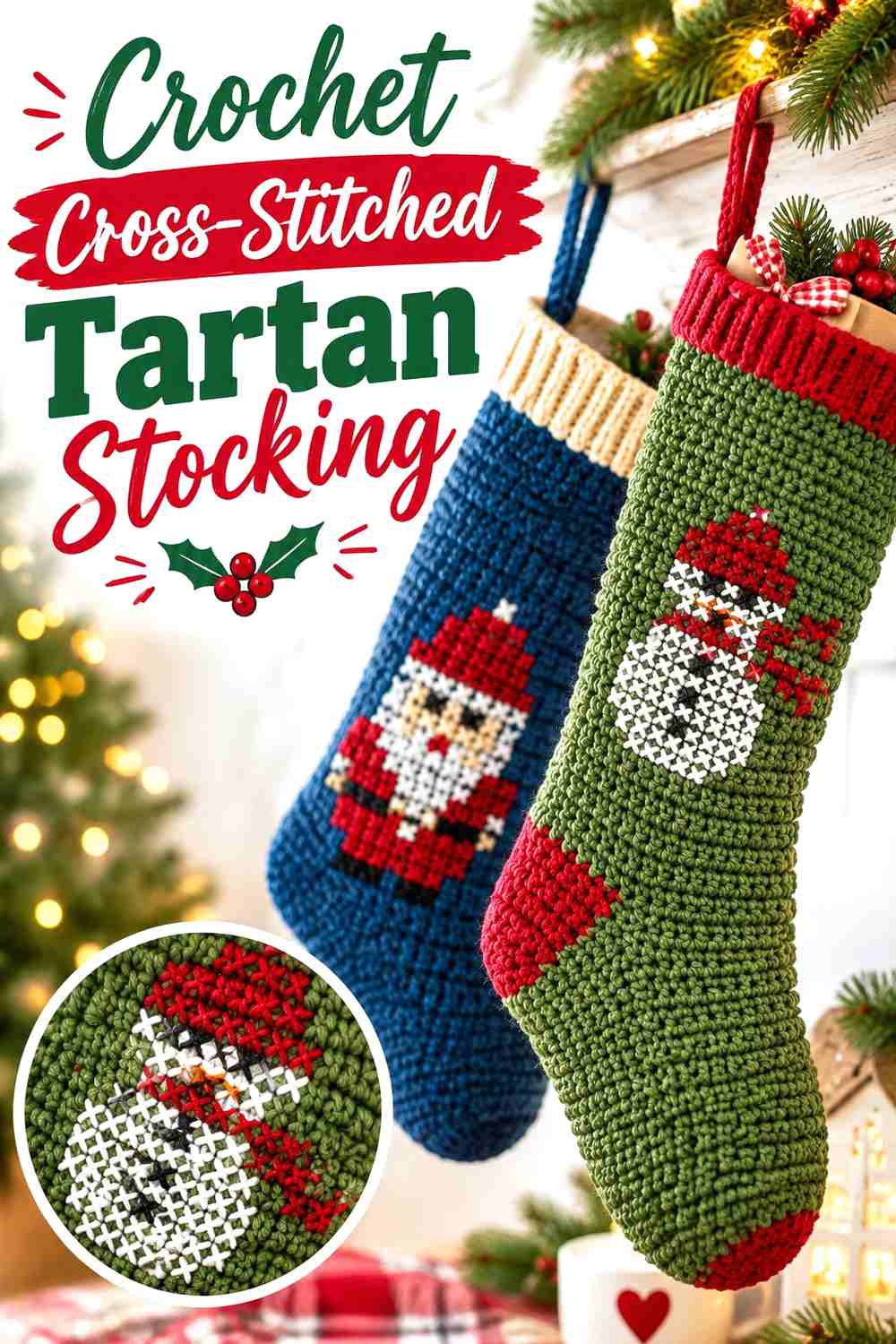10. Crochet Cross-Stitched Tartan Stocking
