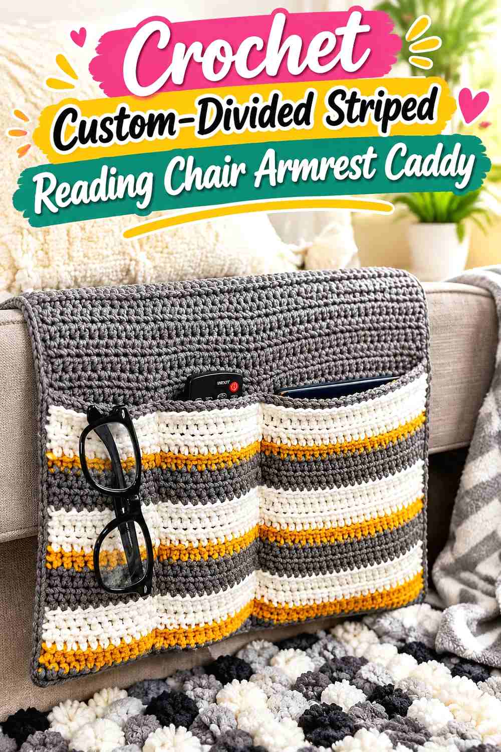 2. Crochet Custom-Divided Striped Reading Chair Armrest Caddy