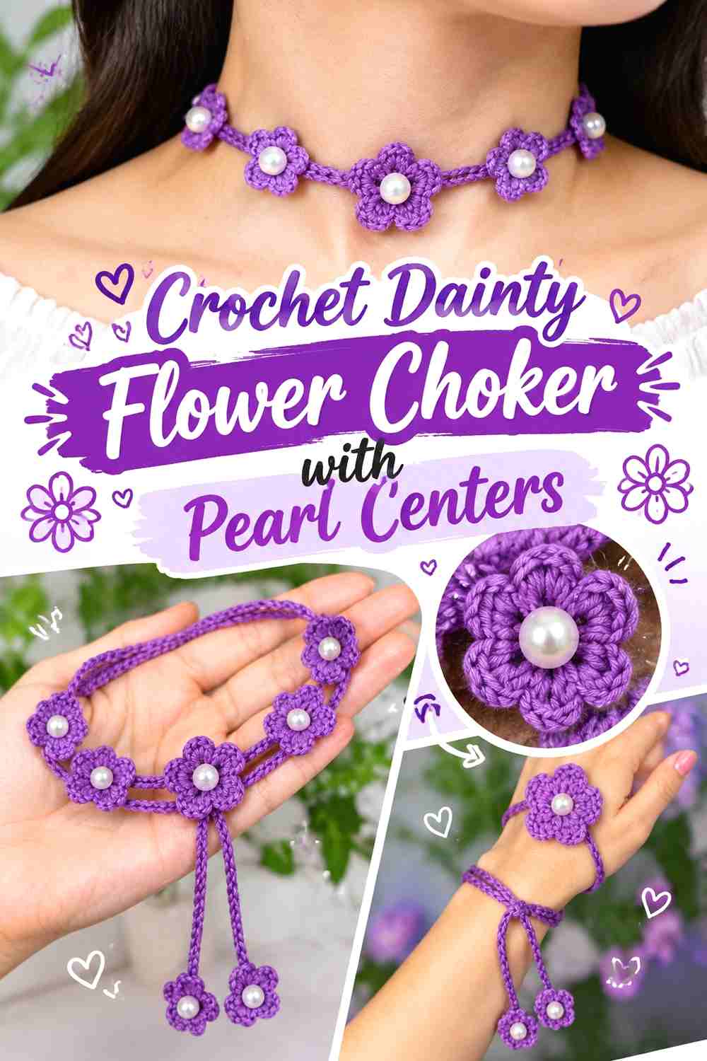 7. Crochet Dainty Flower Choker With Pearl Centers