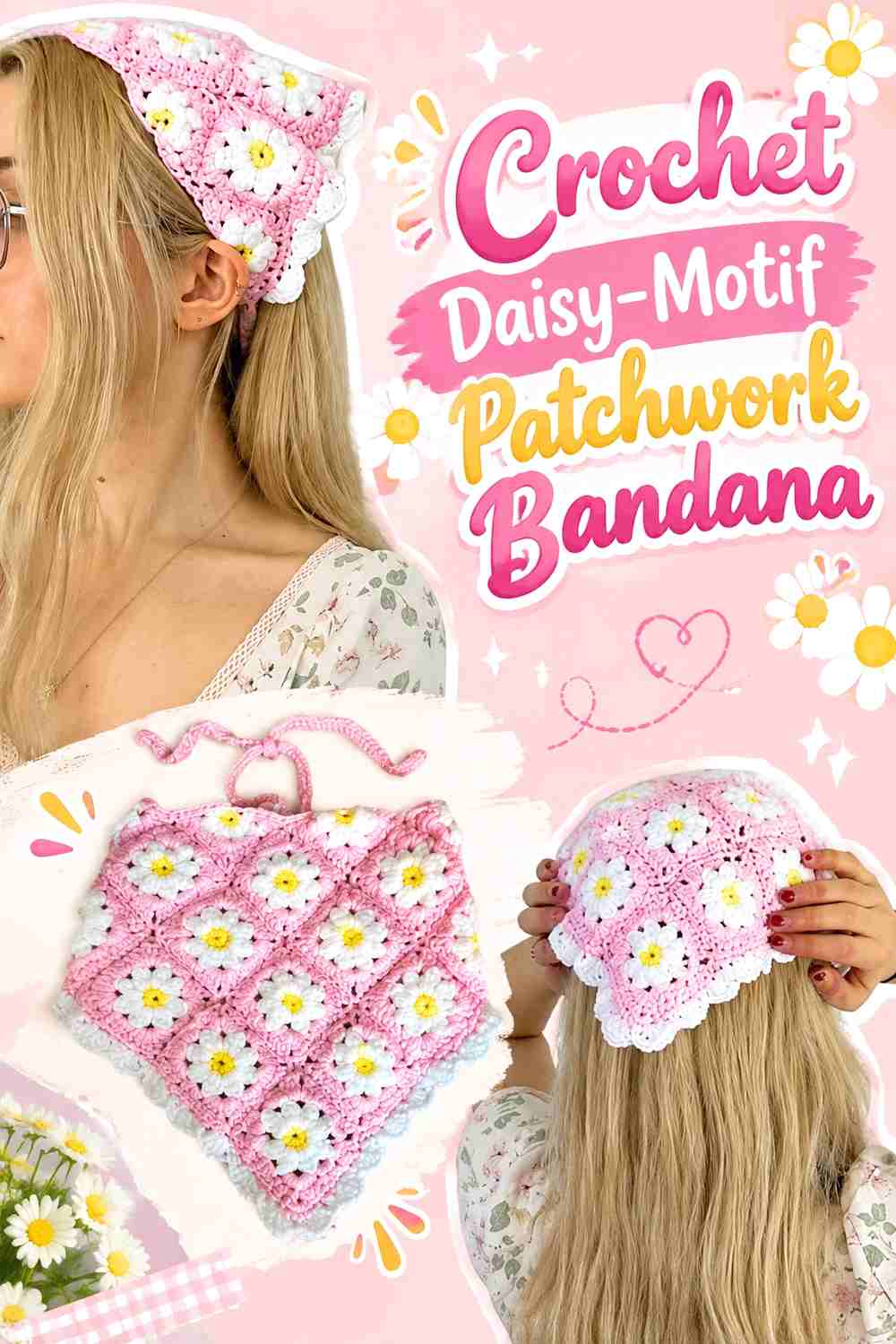 6. Crochet Daisy Motif Patchwork Bandana