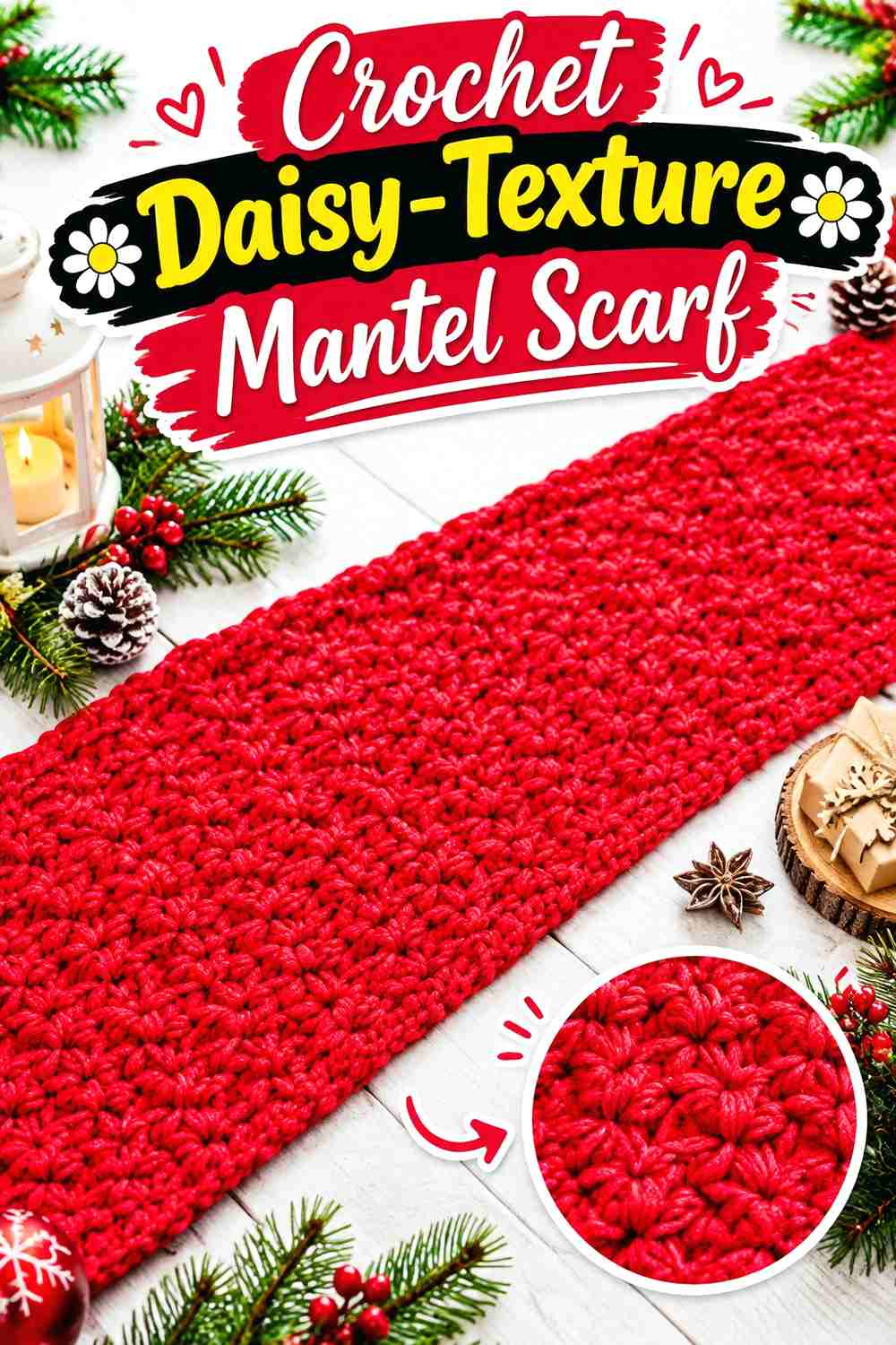8. Crochet Daisy-Texture Mantel Scarf