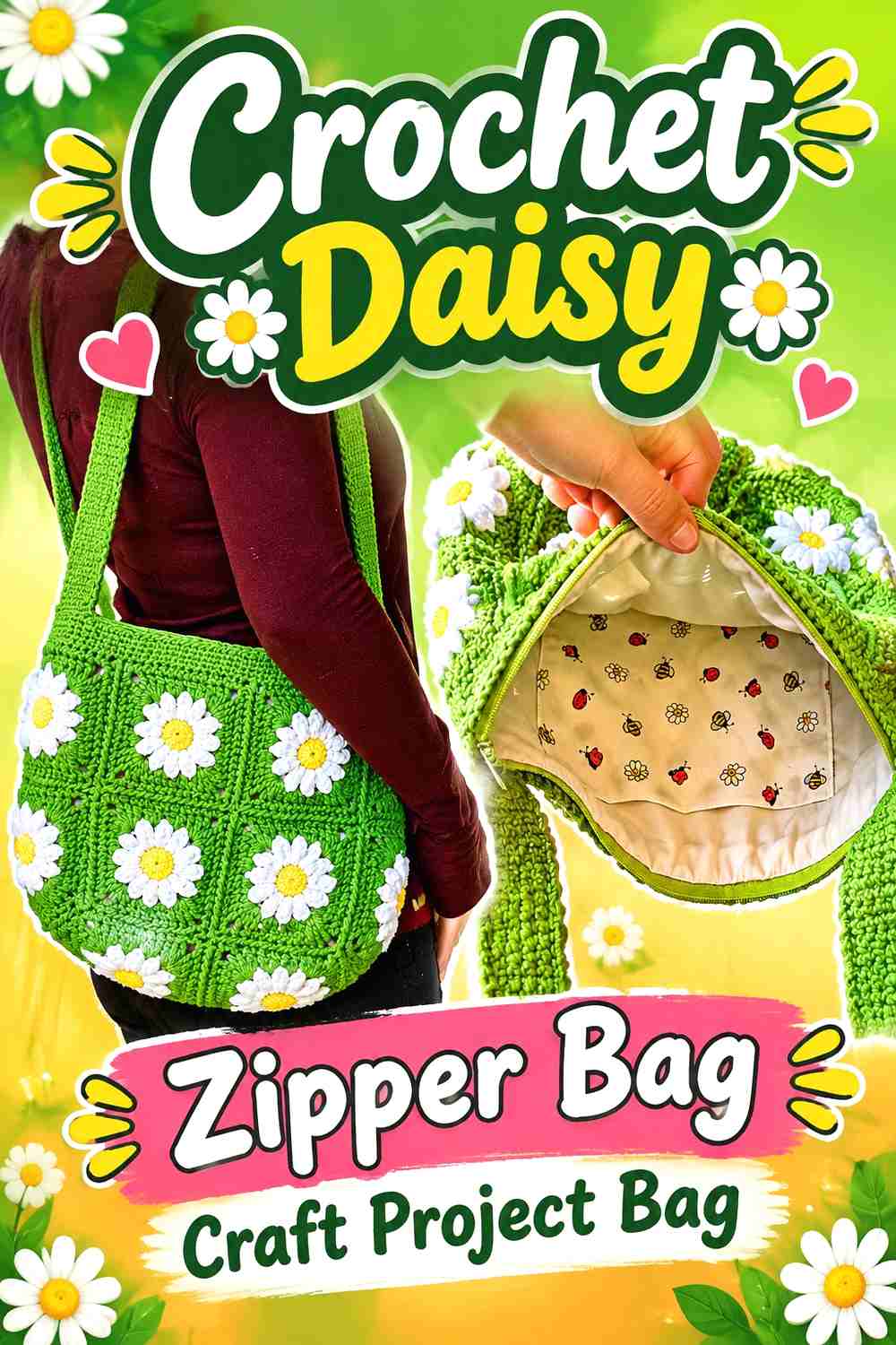 3. Crochet Daisy Zipper Craft Project Bag