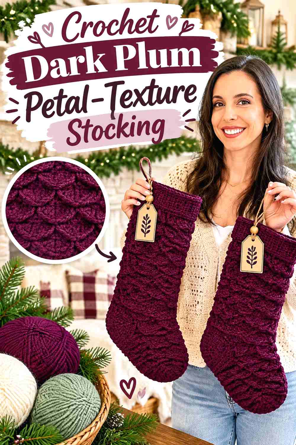 15. Crochet Dark Plum Petal-Texture Stocking