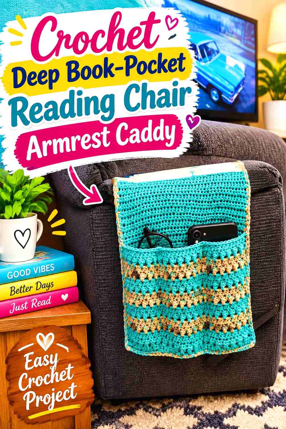 1. Crochet Deep Book-Pocket Reading Chair Armrest Caddy