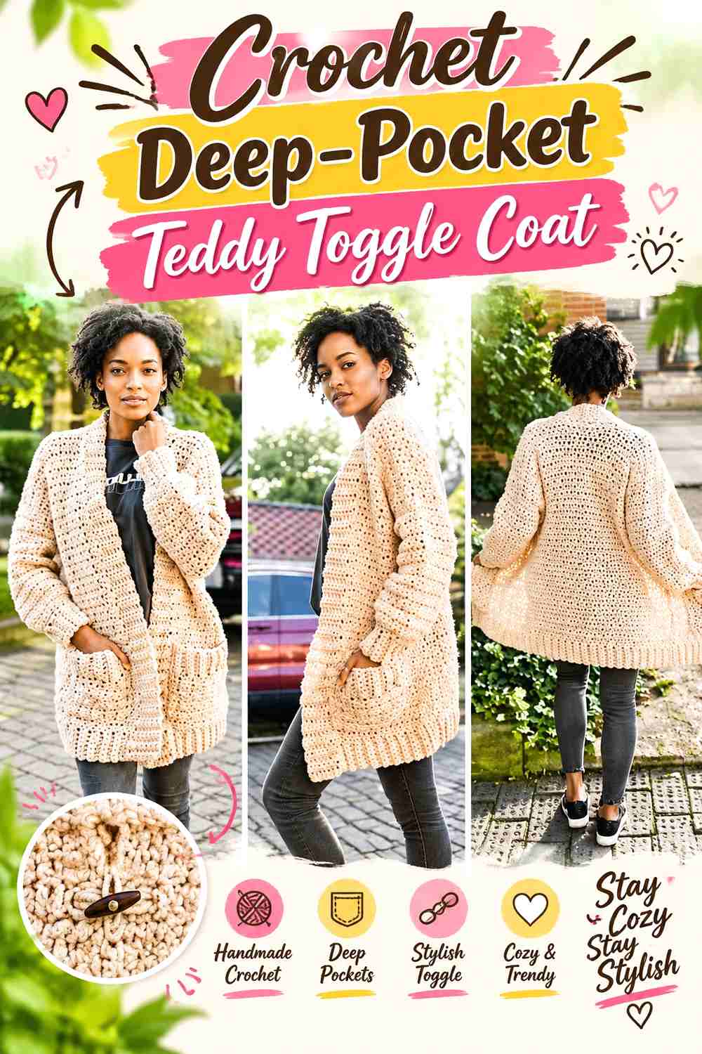 5. Crochet Deep-Pocket Teddy Toggle Coat
