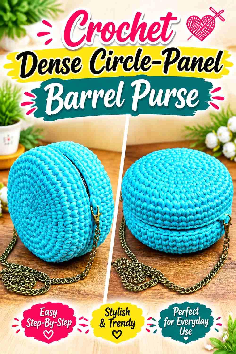 10. Crochet Dense Circle-Panel Barrel Purse