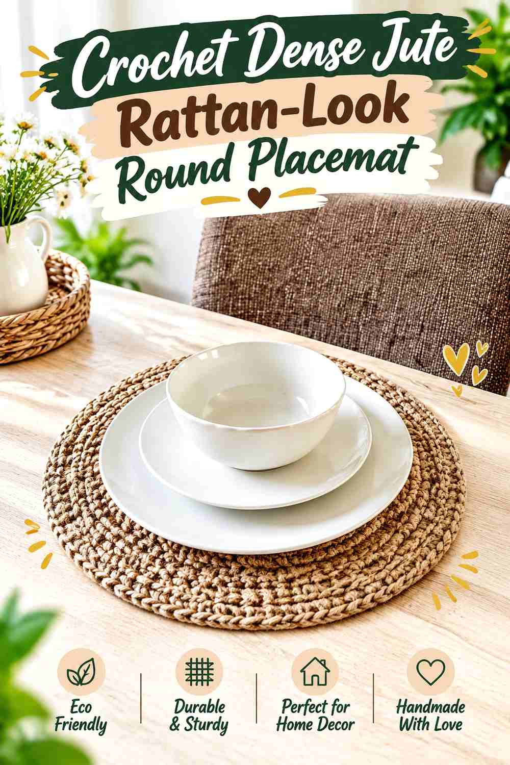 1. Crochet Dense Jute Rattan-Look Round Placemat