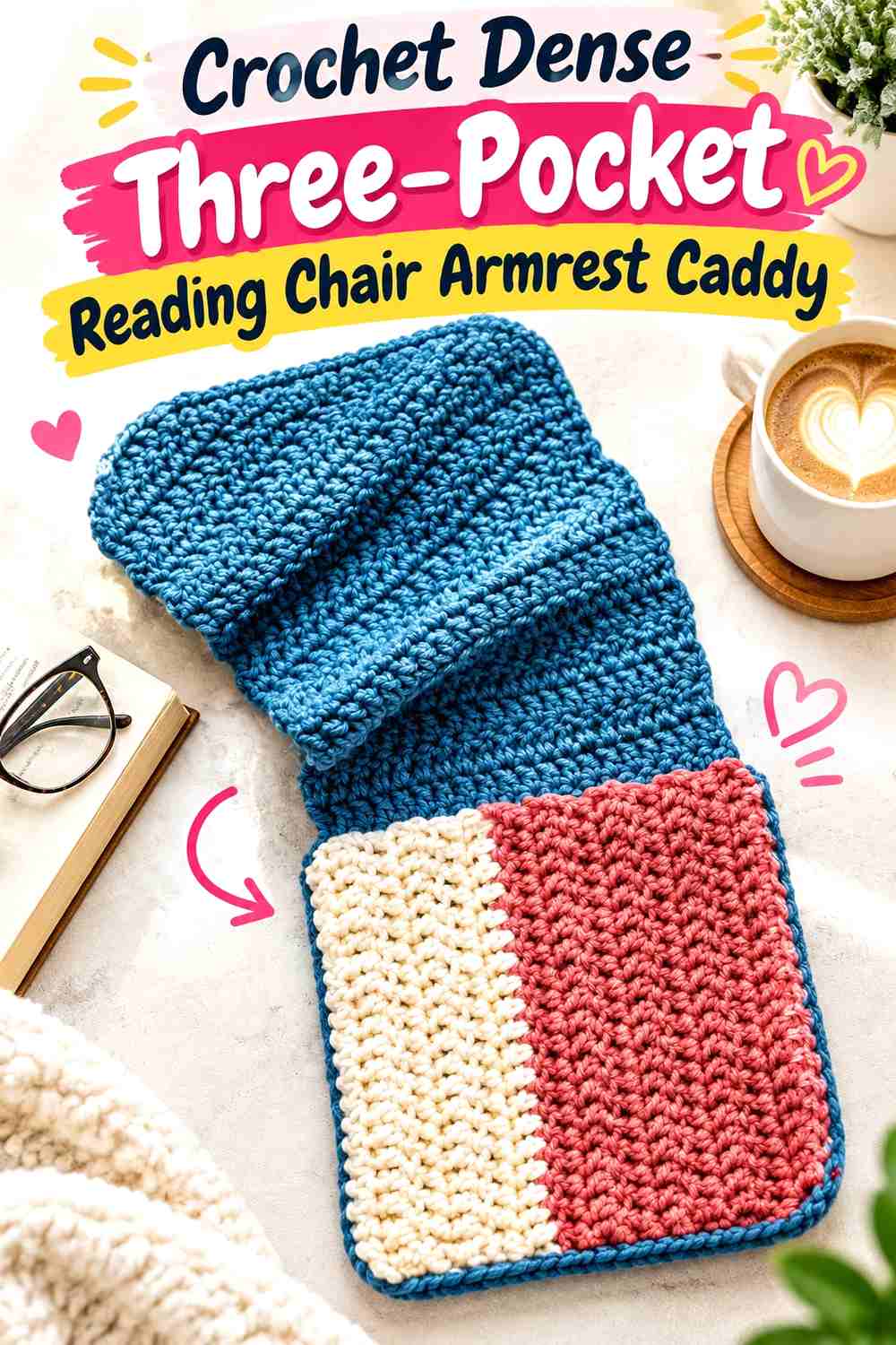 7. Crochet Dense Three-Pocket Reading Chair Armrest Caddy