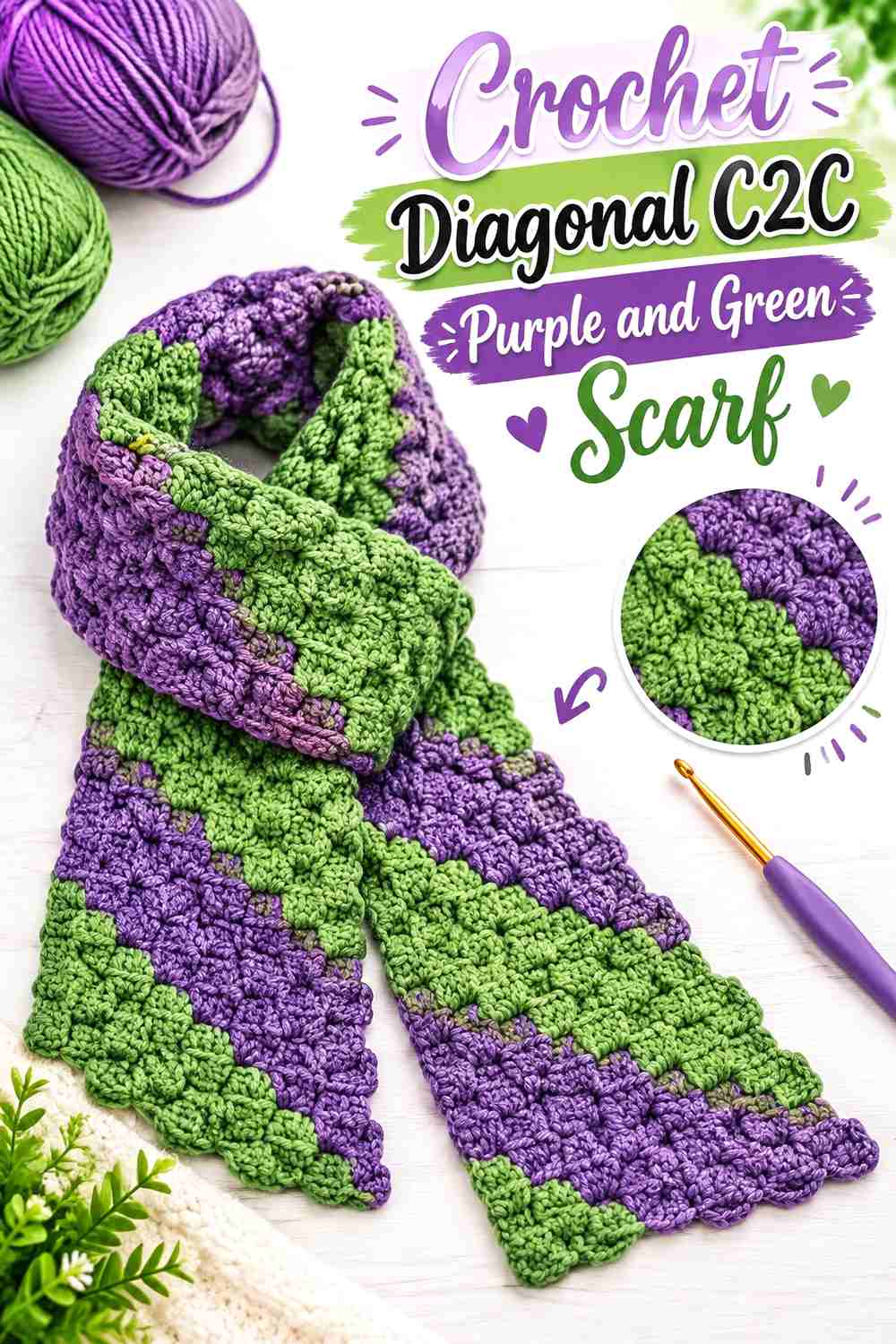 14. Crochet Diagonal C2C Purple and Green Scarf