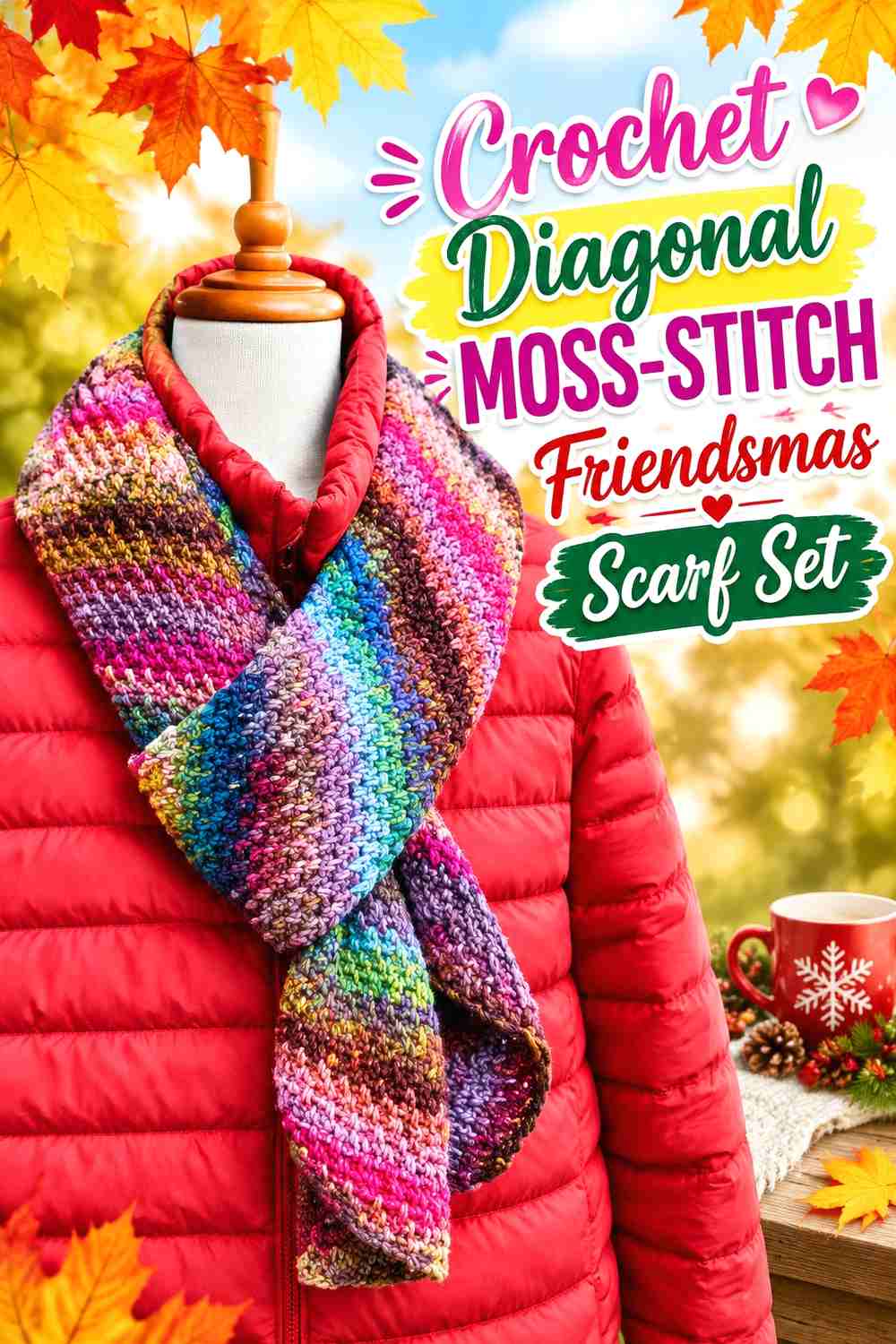 5. Crochet Diagonal Moss-Stitch Friendsmas Scarf Set