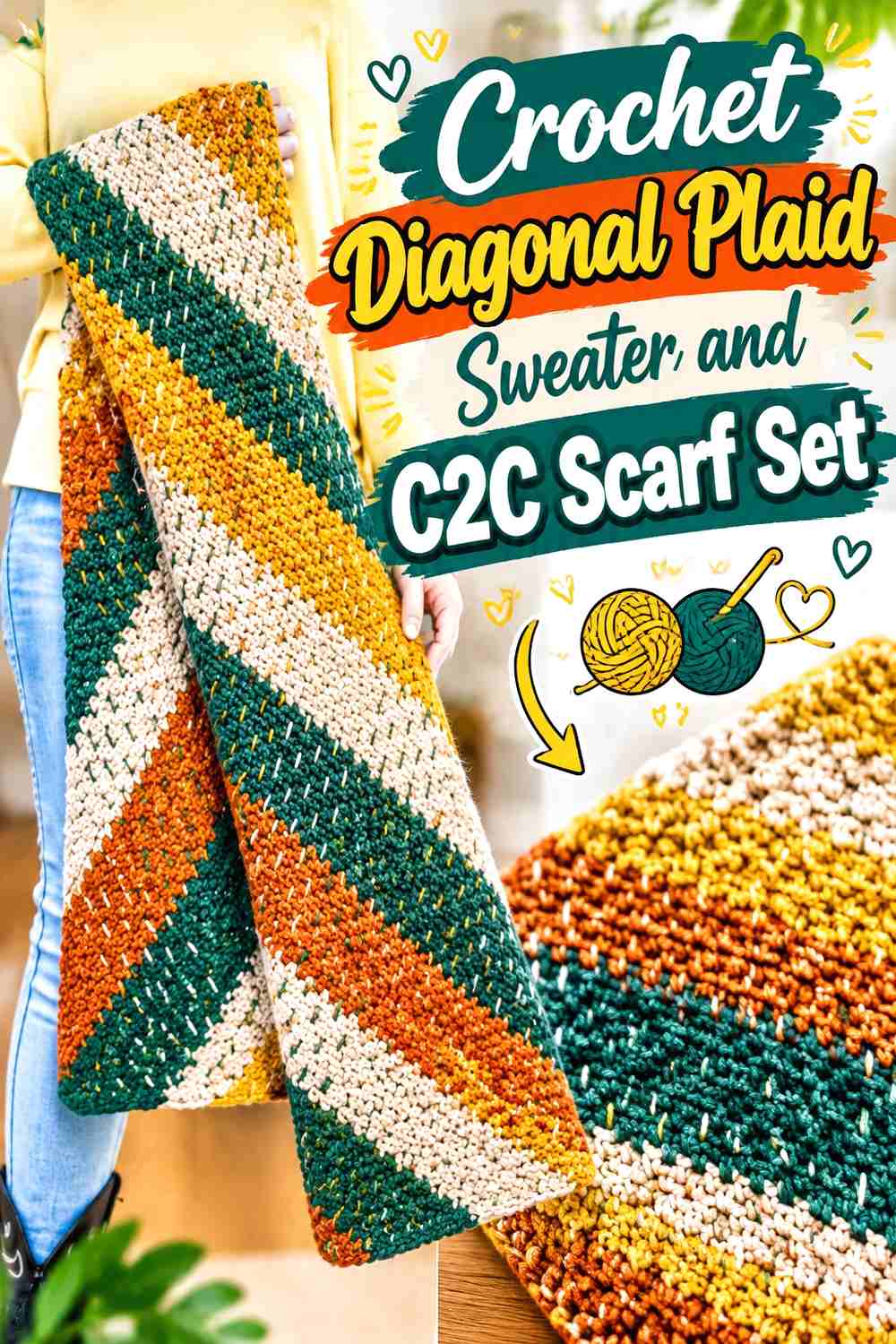 13. Crochet Diagonal Plaid Sweater and C2C Scarf Set