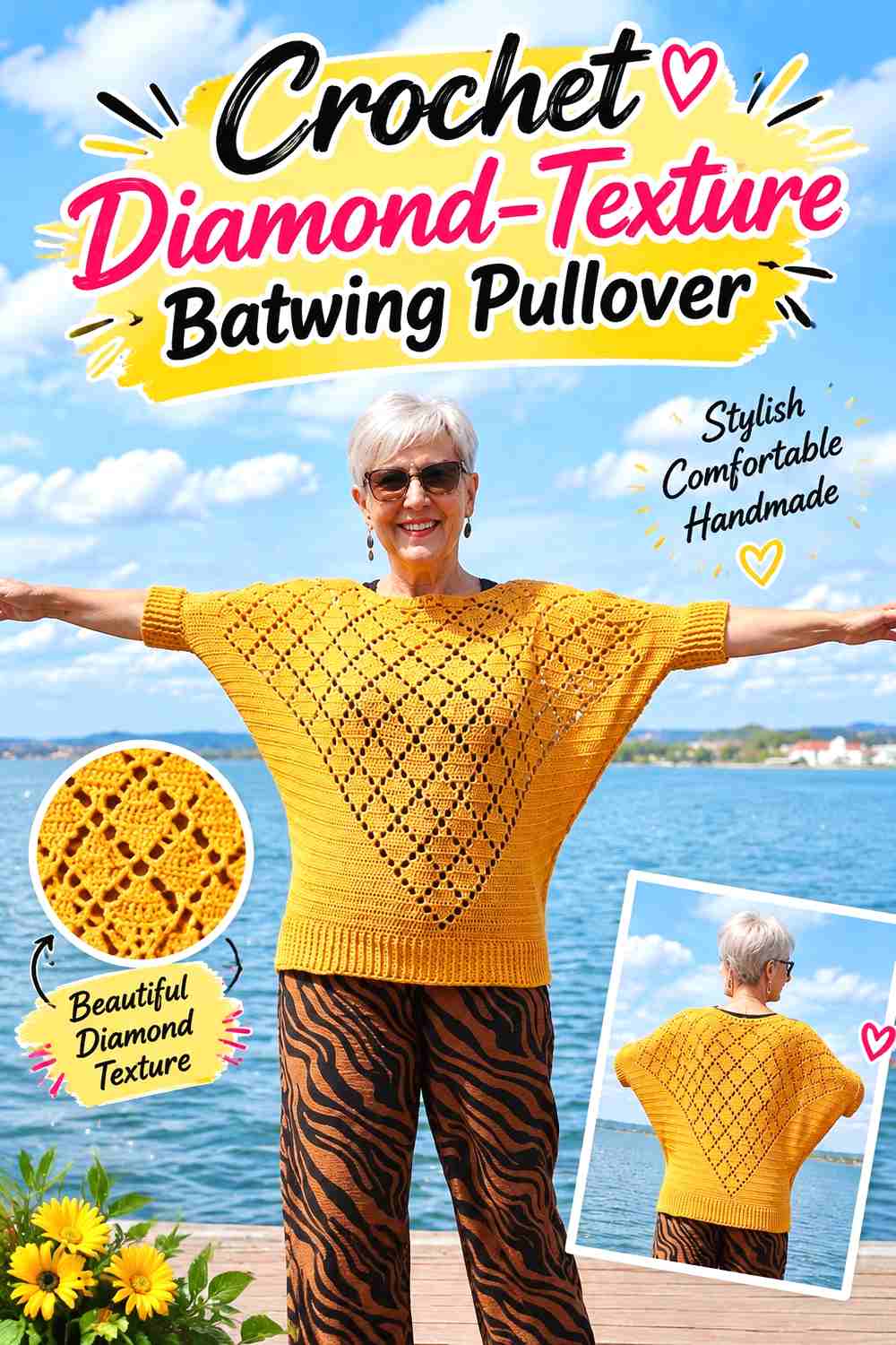 10. Crochet Diamond-Texture Batwing Pullover