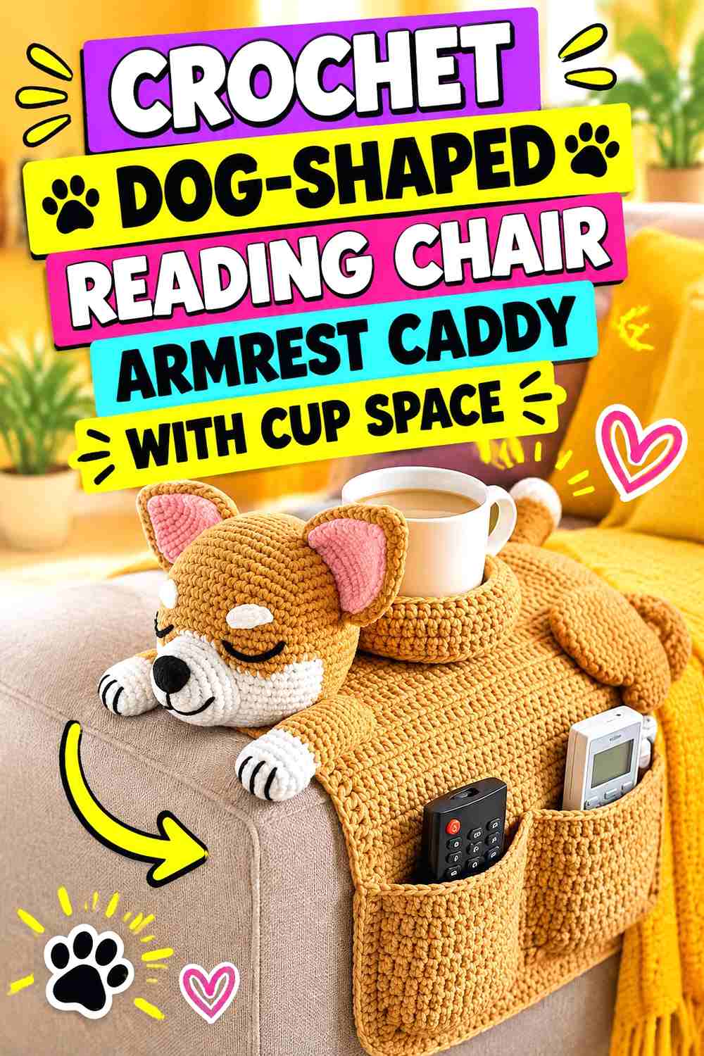 15. Crochet Dog-Shaped Reading Chair Armrest Caddy With Cup Space