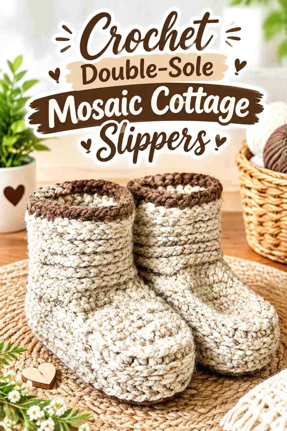 7. Crochet Double-Sole Mosaic Cottage Slippers