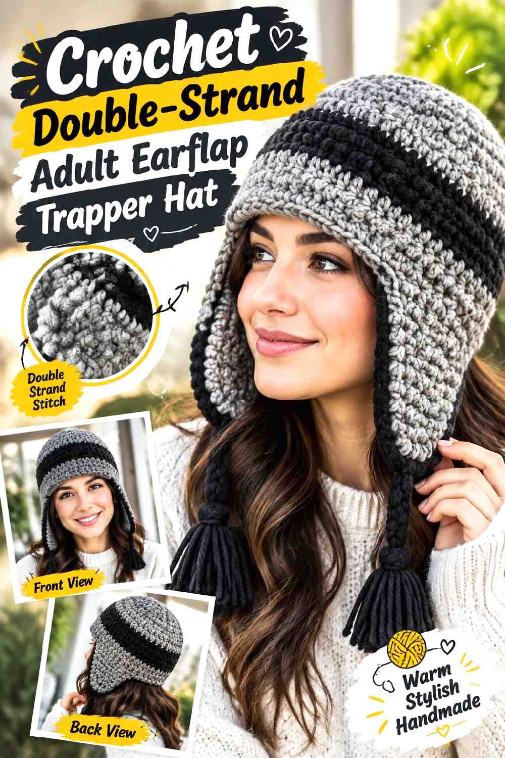 7. Crochet Double Strand Adult Earflap Trapper Hat