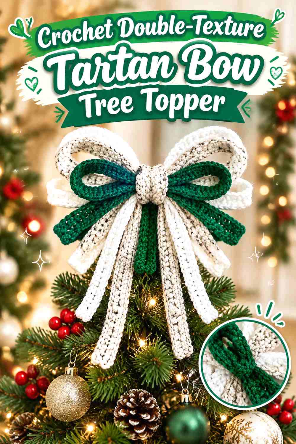 8. Crochet Double-Texture Tartan Bow Tree Topper