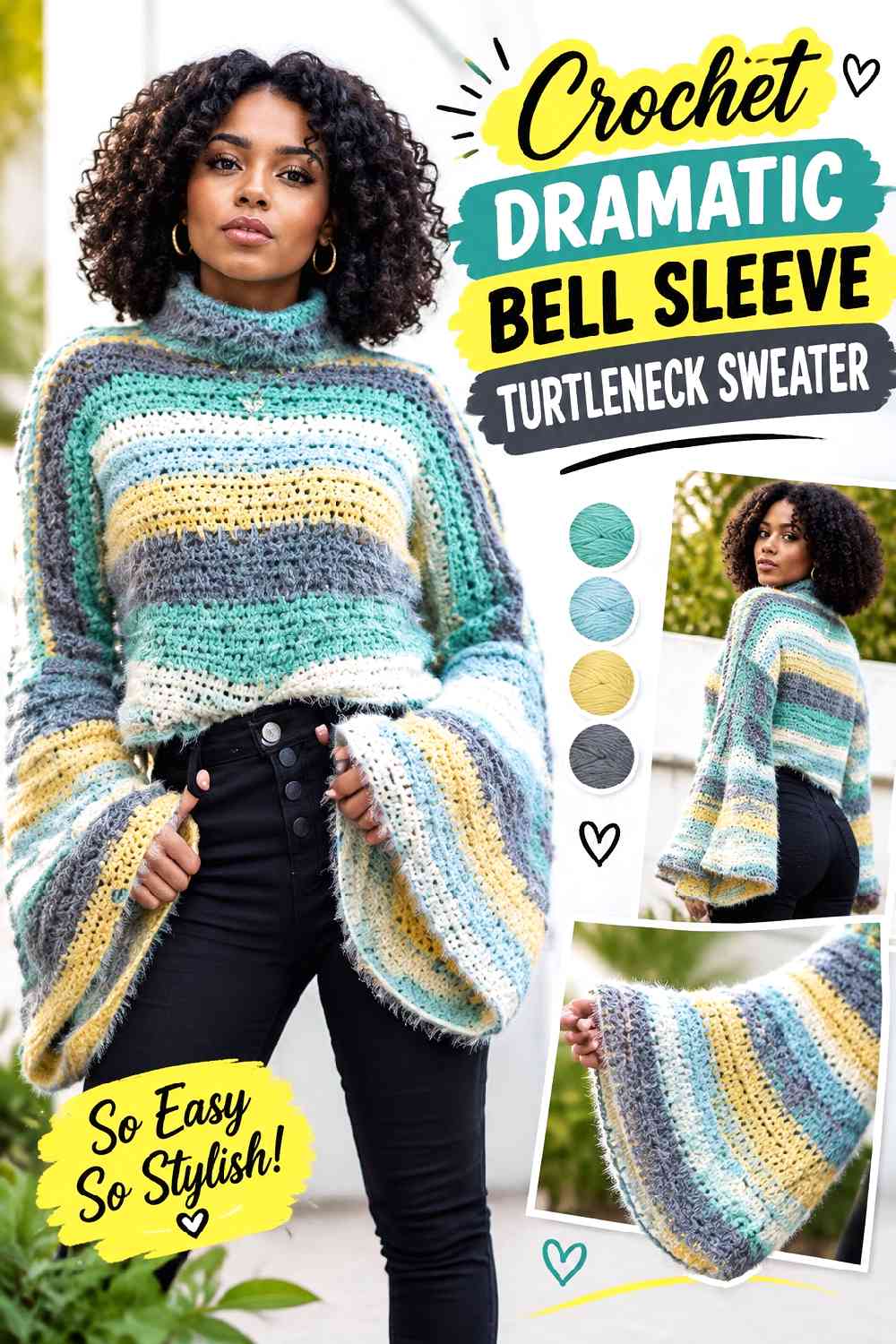 16. Crochet Dramatic Bell Sleeve Turtleneck Sweater
