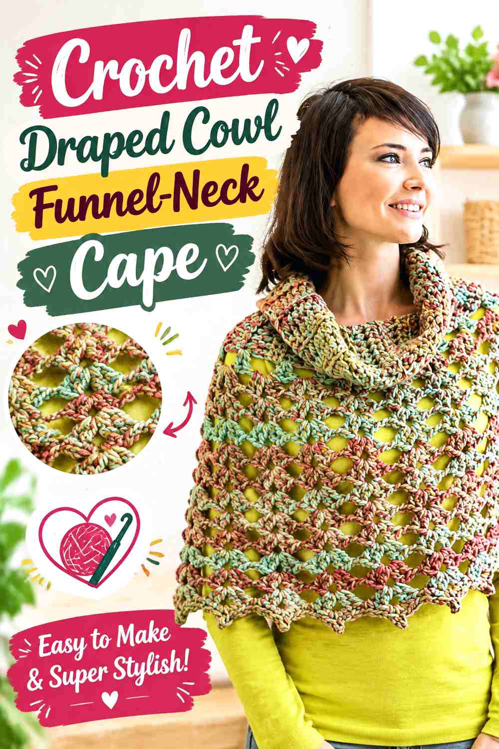8. Crochet Draped Cowl Funnel-Neck Cape