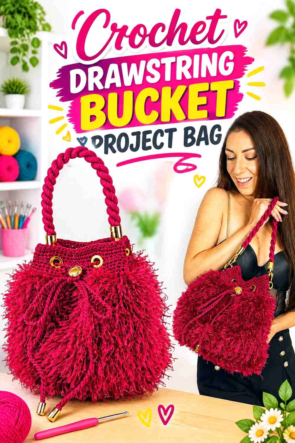8. Crochet Drawstring Bucket Project Bag
