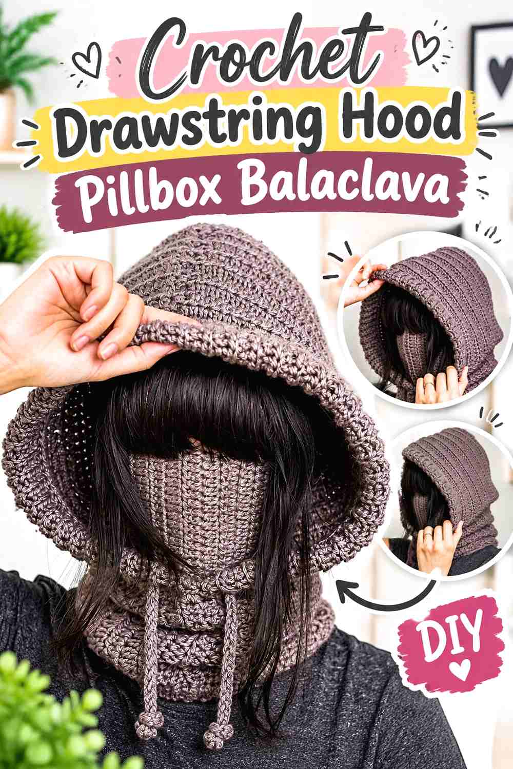 10. Crochet Drawstring Hood Pillbox Balaclava
