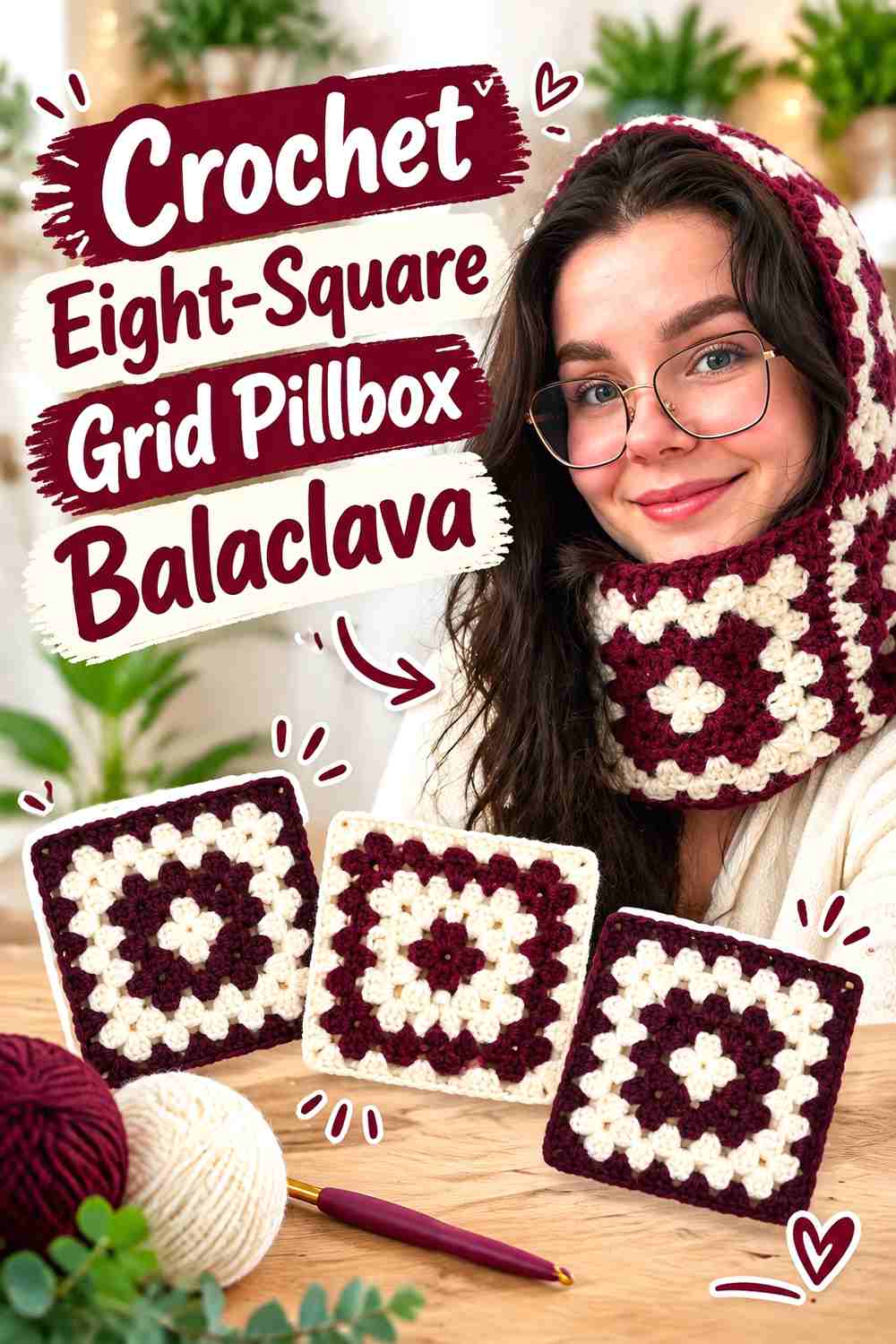 14. Crochet Eight-Square Grid Pillbox Balaclava