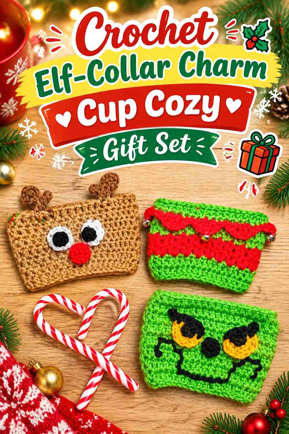 5. Crochet Elf-Collar Charm Cup Cozy Gift Set