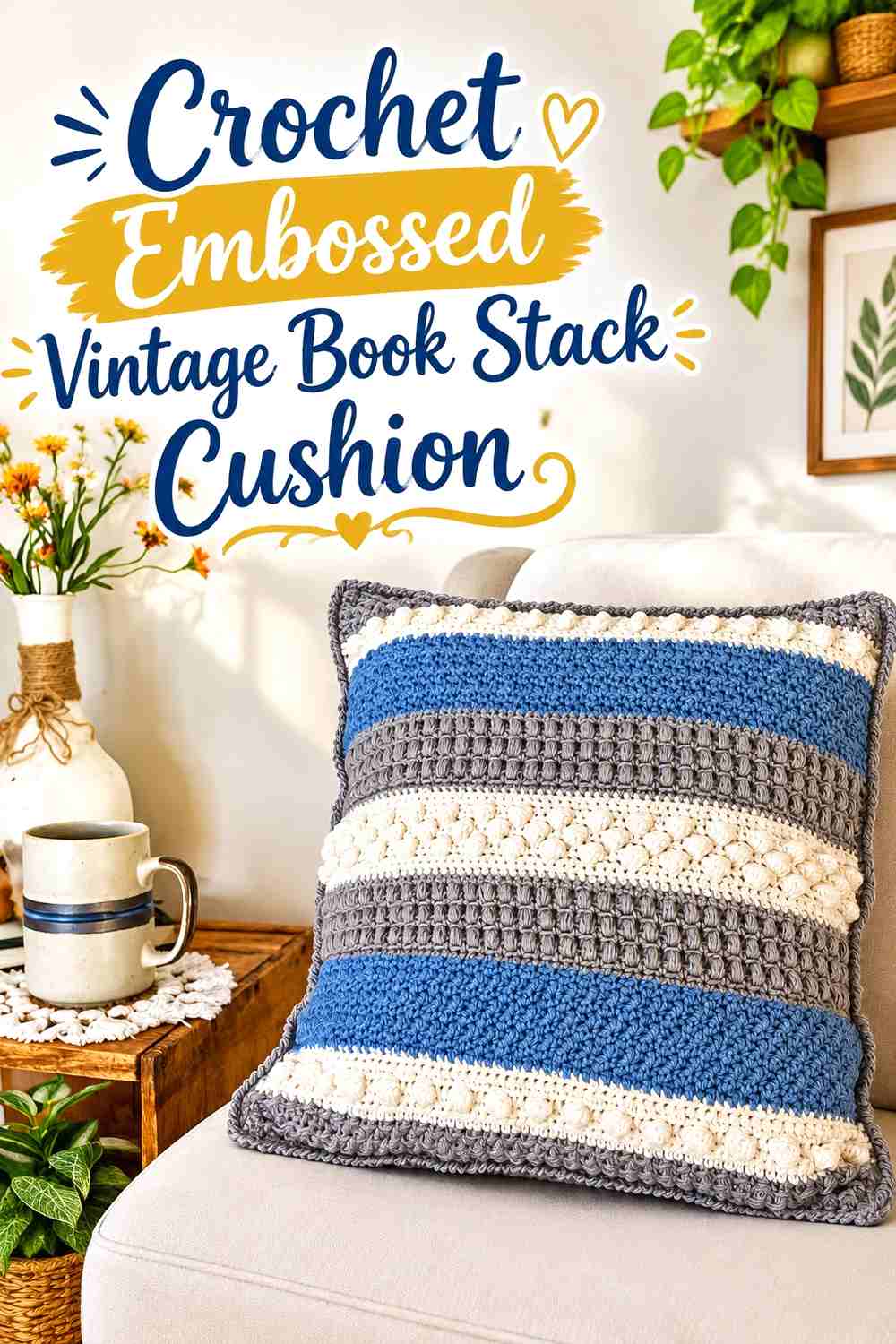 3. Crochet Embossed Vintage Book Stack Cushion