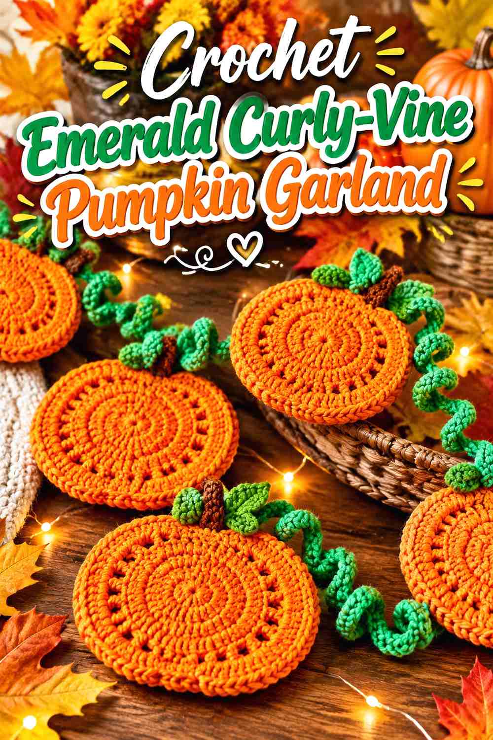 Crochet Emerald Curly-Vine Pumpkin Garland