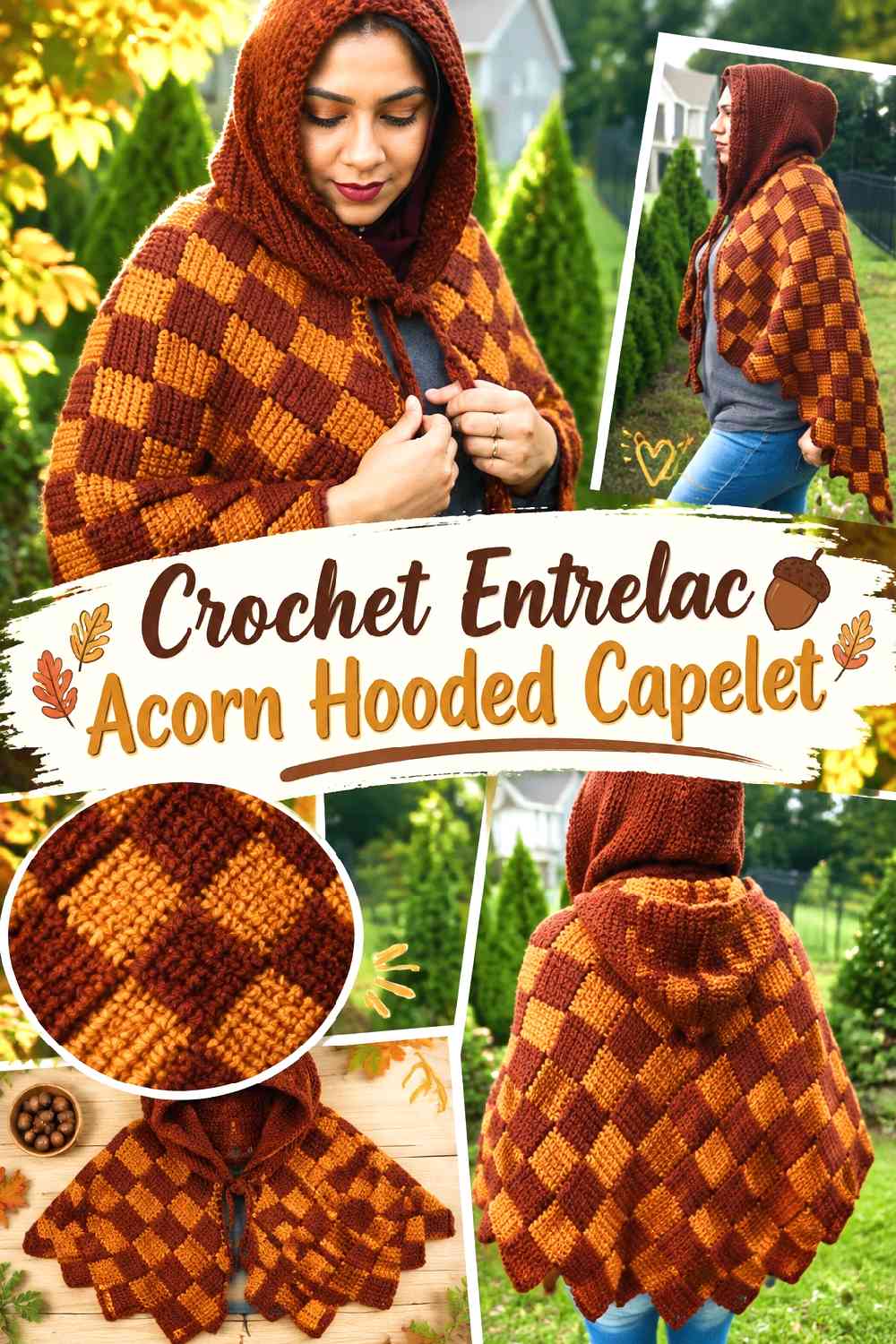 6. Crochet Entrelac Acorn Hooded Capelet