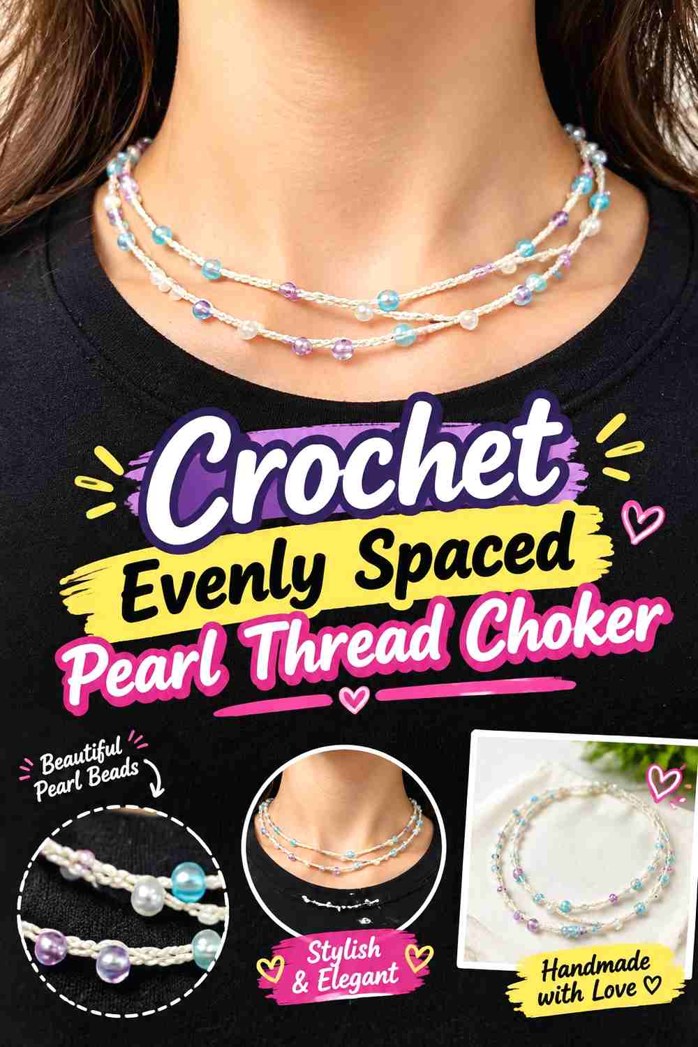 2. Crochet Evenly Spaced Pearl Thread Choker