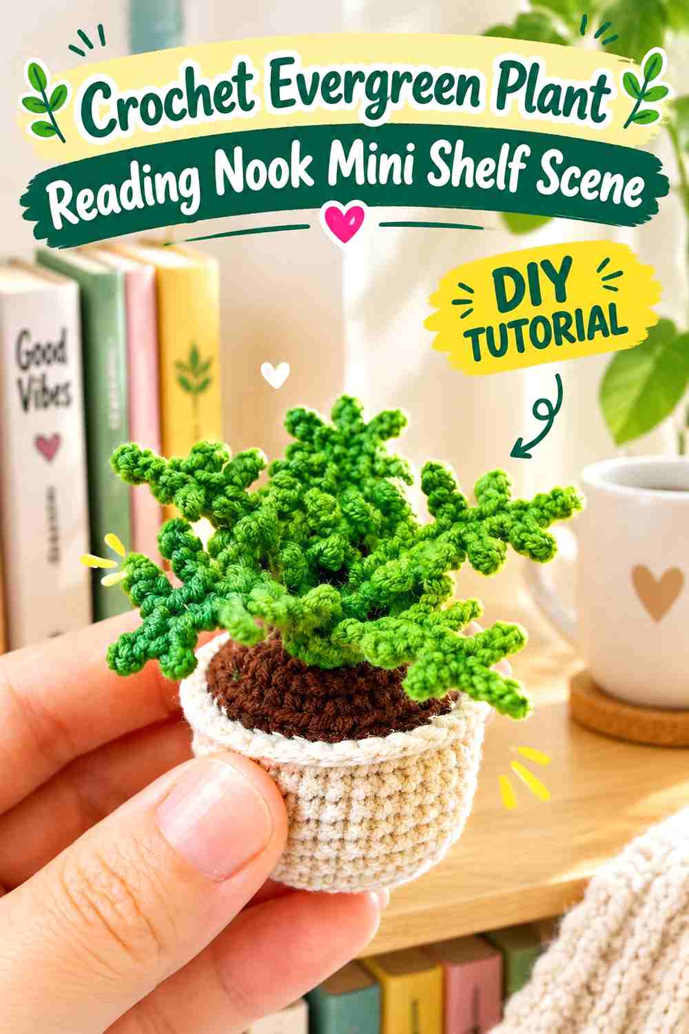 5. Crochet Evergreen Plant Reading Nook Mini Shelf Scene