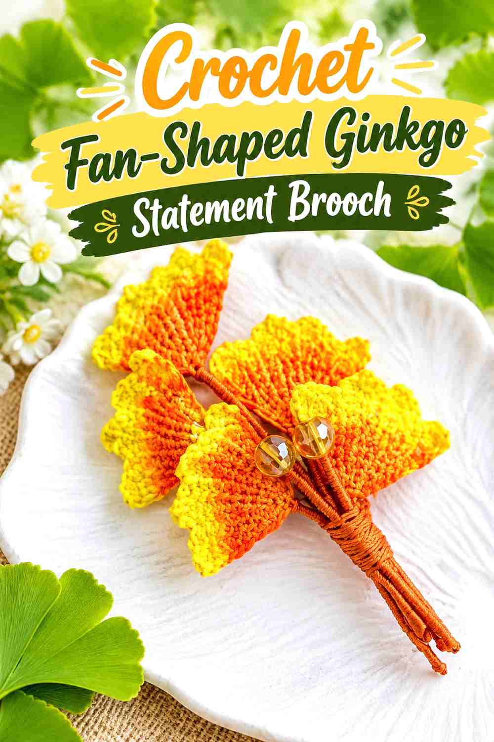 2. Crochet Fan-Shaped Ginkgo Statement Brooch