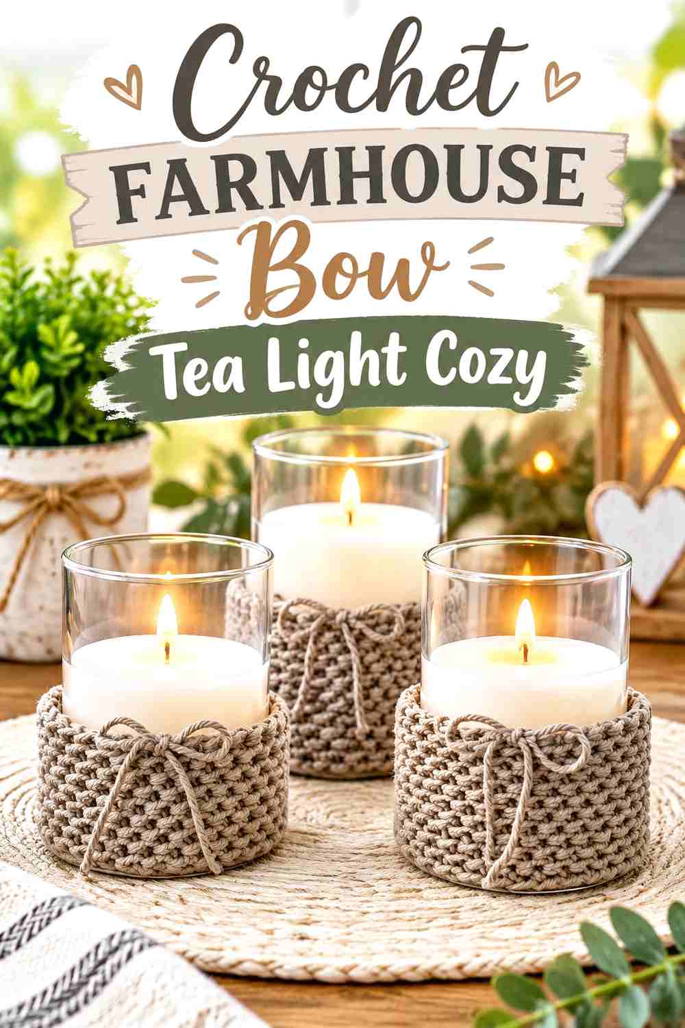 6. Crochet Farmhouse Bow Tea Light Cozy