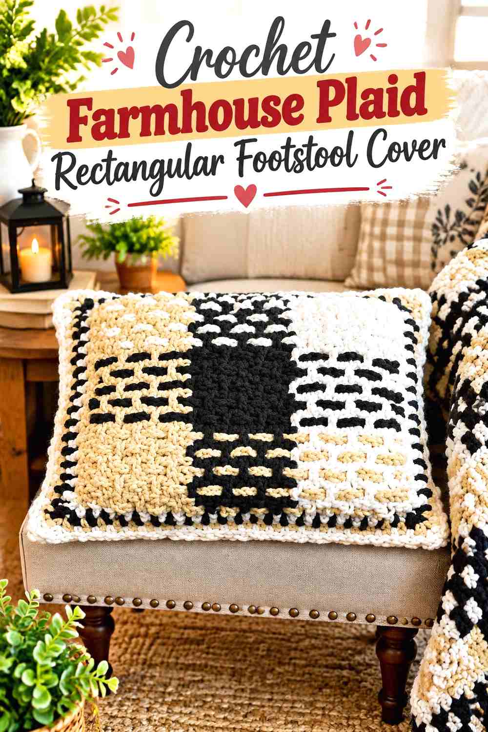 14. Crochet Farmhouse Plaid Rectangular Footstool Cover