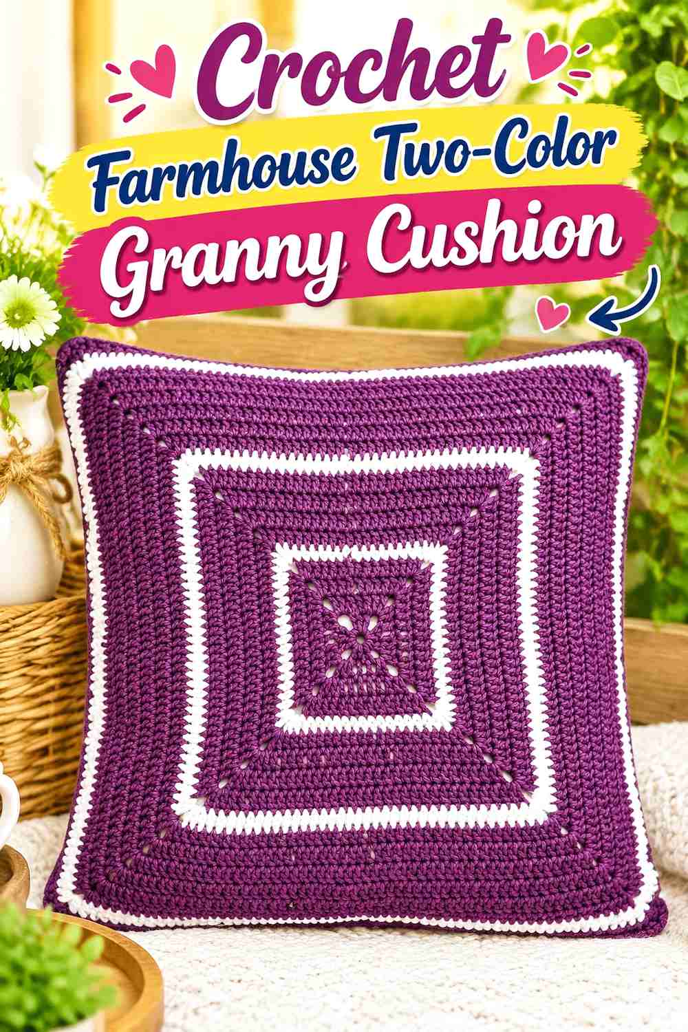 14. Crochet Farmhouse Two-Color Granny Cushion