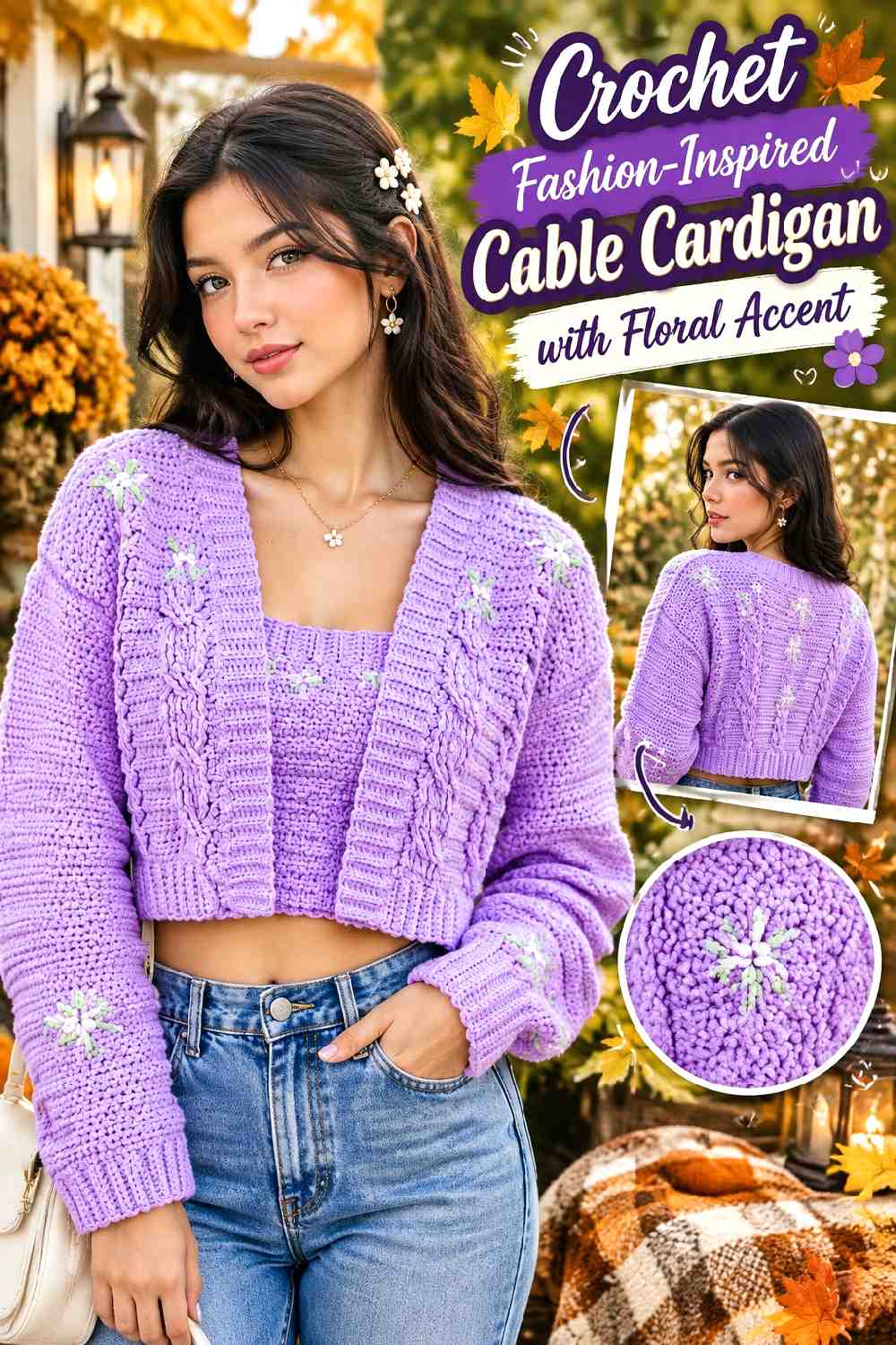 7. Crochet Fashion Inspired Cable Cardigan With Floral Accent