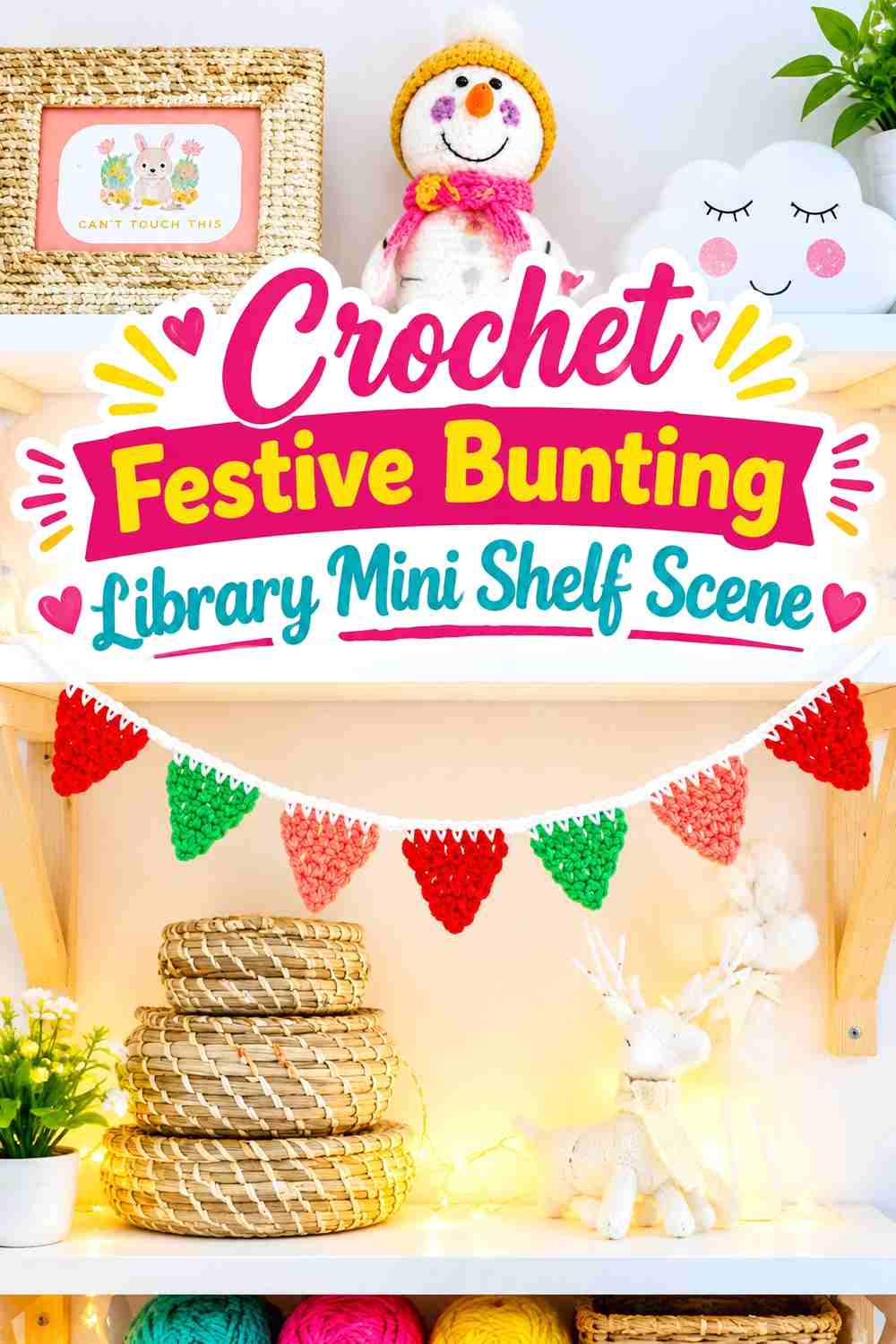 14. Crochet Festive Bunting Library Mini Shelf Scene