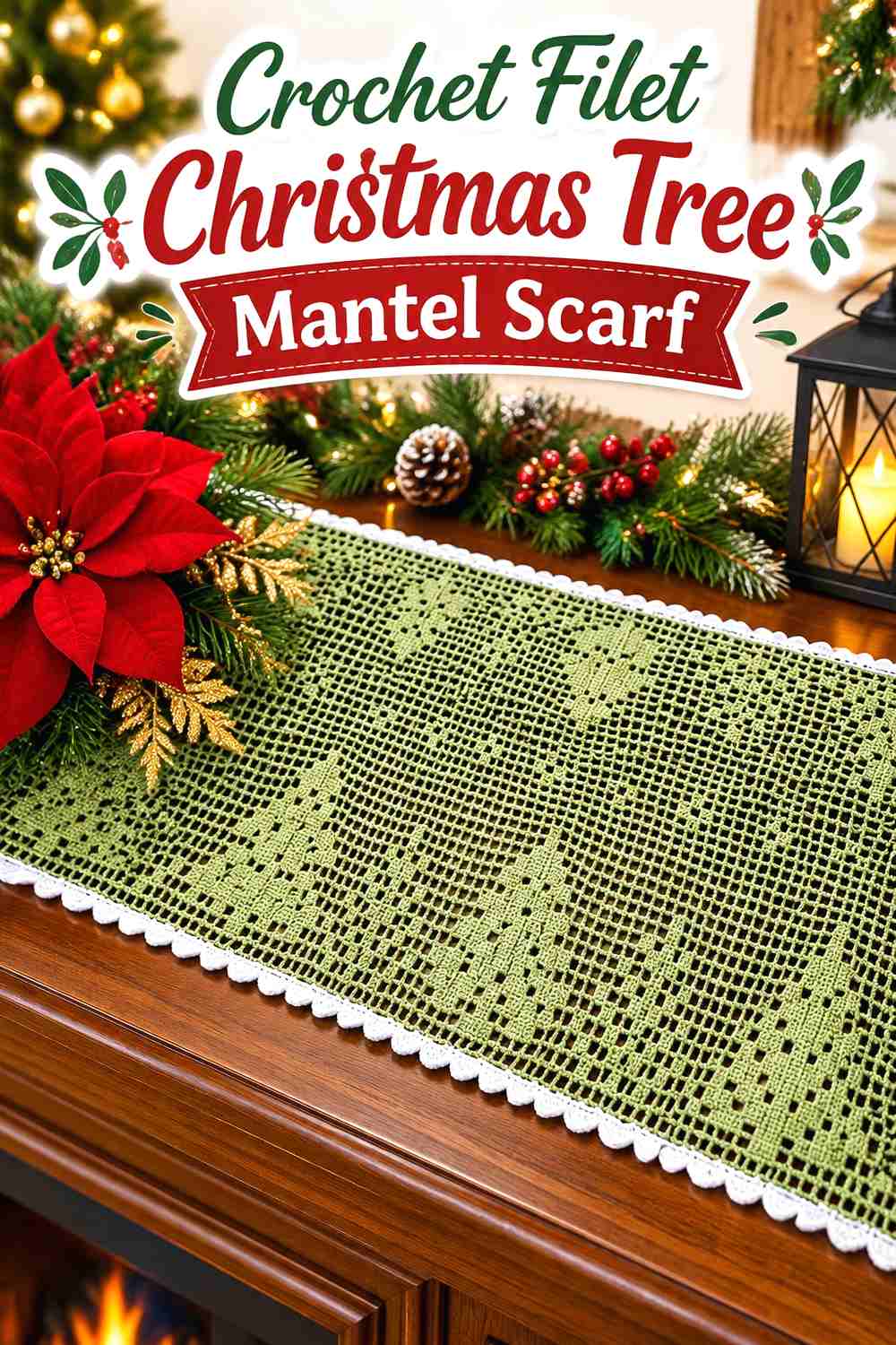 1. Crochet Filet Christmas Tree Mantel Scarf
