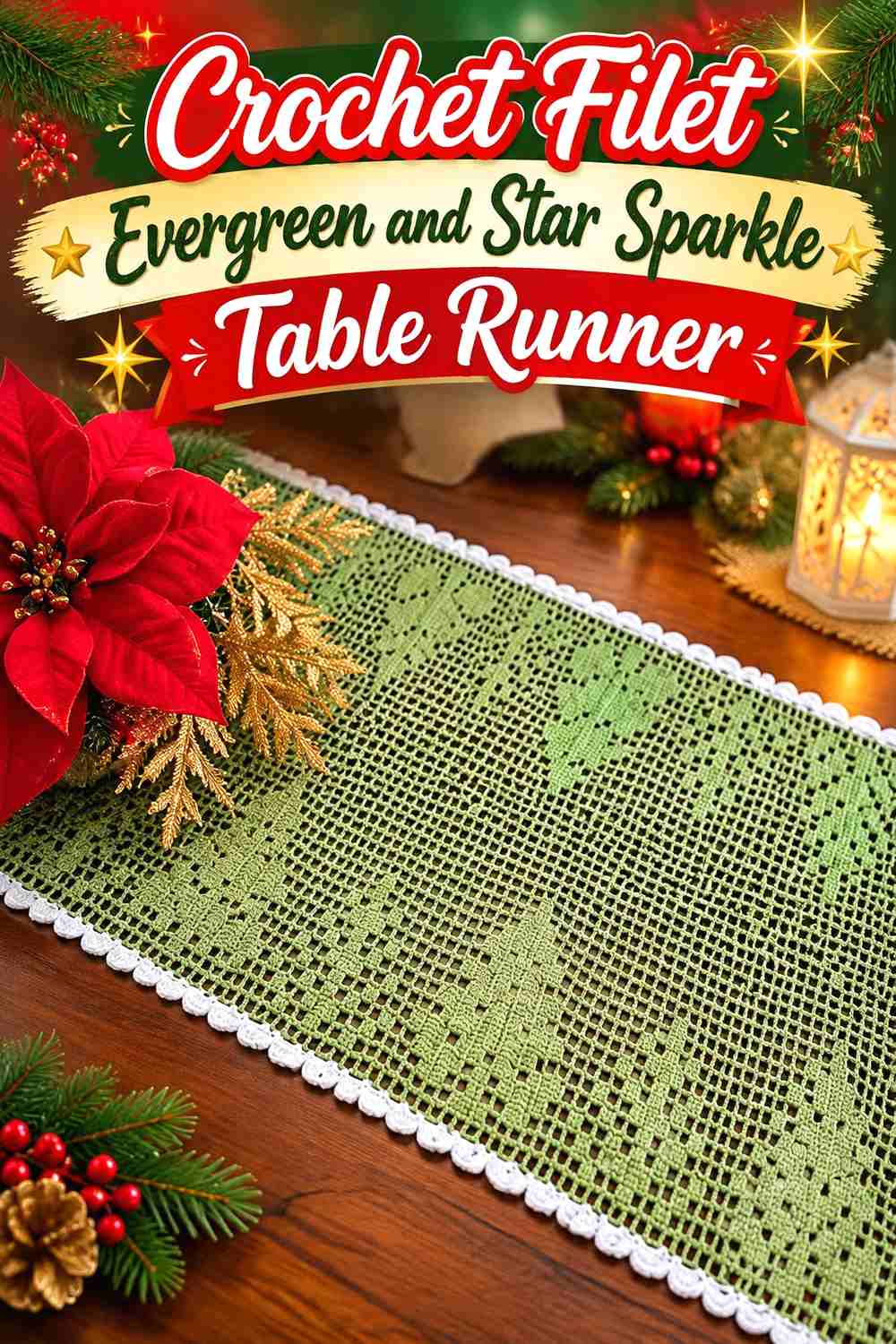 7. Crochet Filet Evergreen and Star Sparkle Table Runner