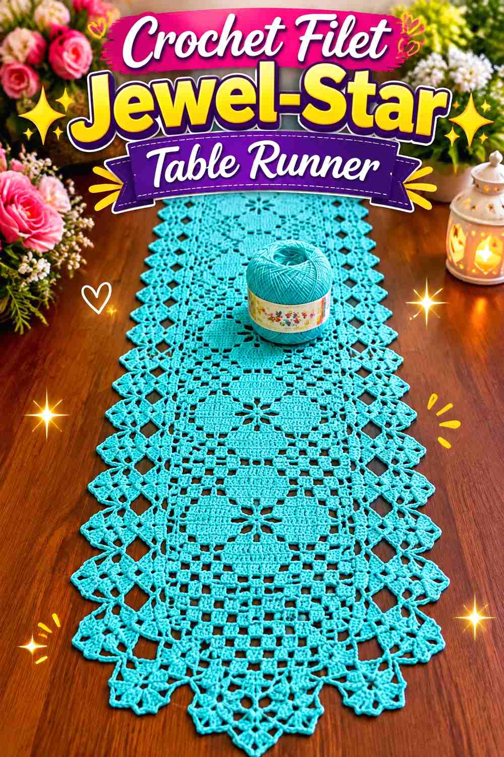 14. Crochet Filet Jewel-Star Table Runner