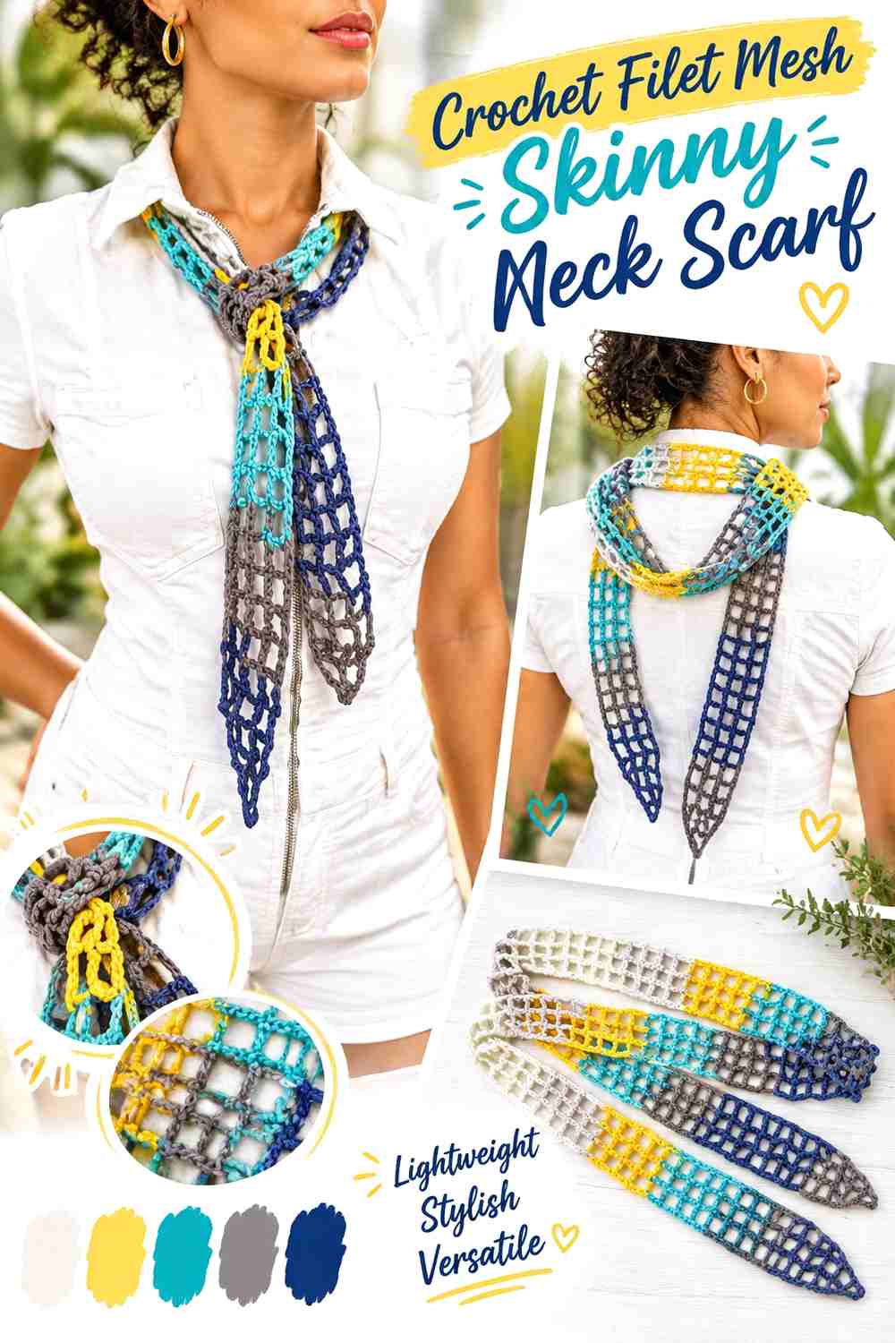 3. Crochet Filet Mesh Skinny Neck Scarf