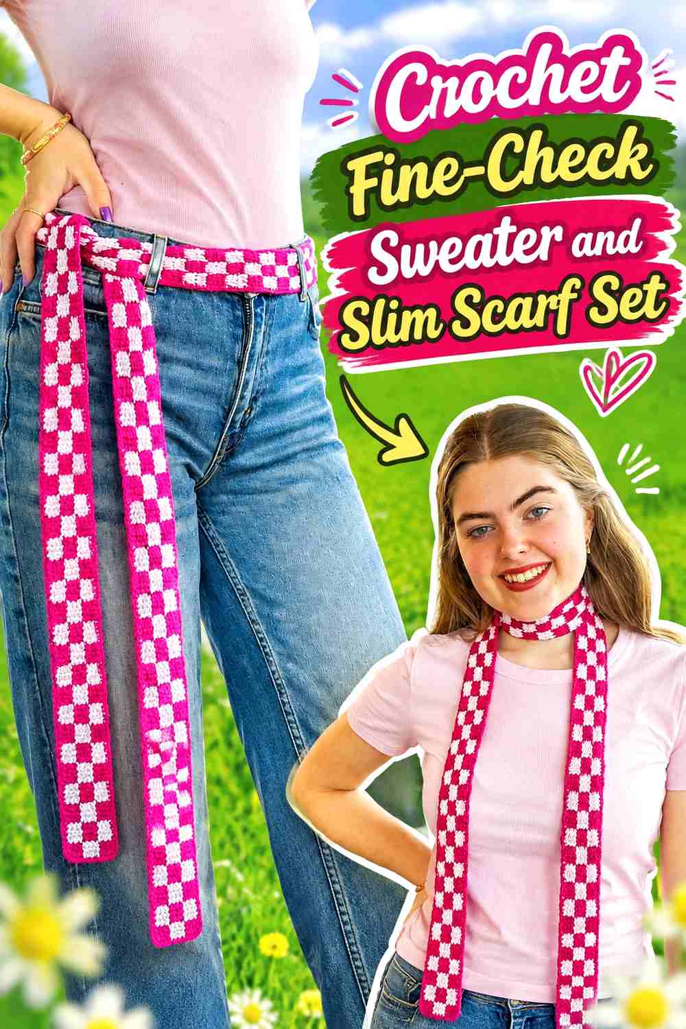 16. Crochet Fine-Check Sweater and Slim Scarf Set