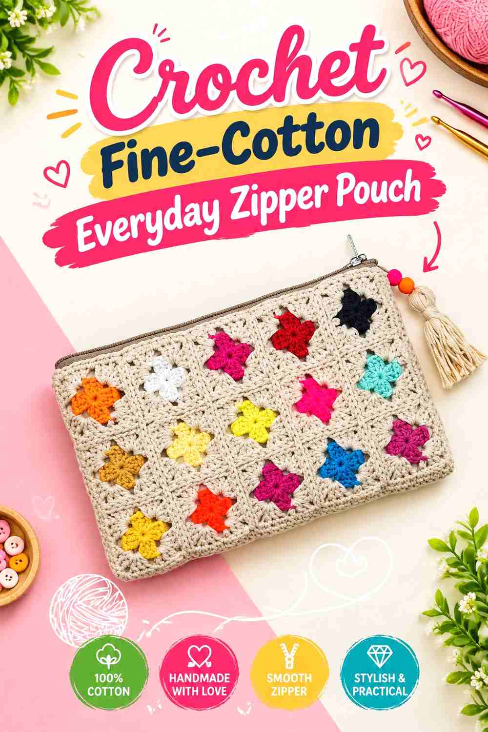 6. Crochet Fine-Cotton Everyday Zipper Pouch