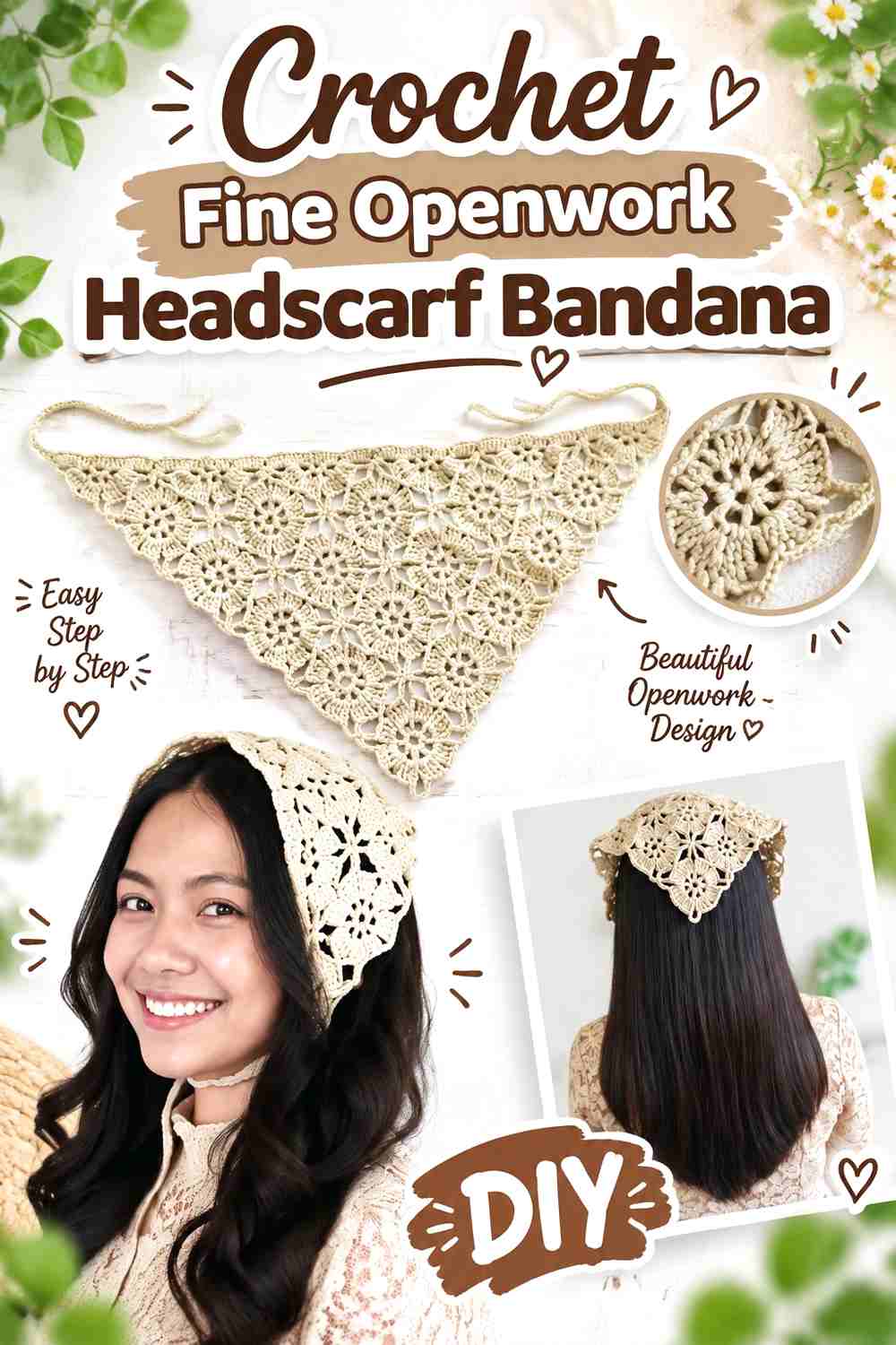 3. Crochet Fine Openwork Headscarf Bandana
