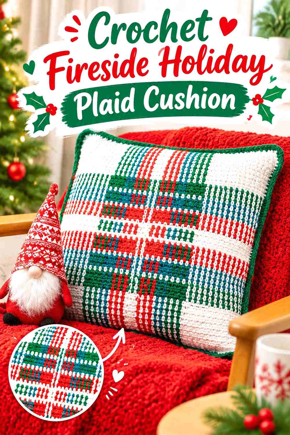 1. Crochet Fireside Holiday Plaid Cushion