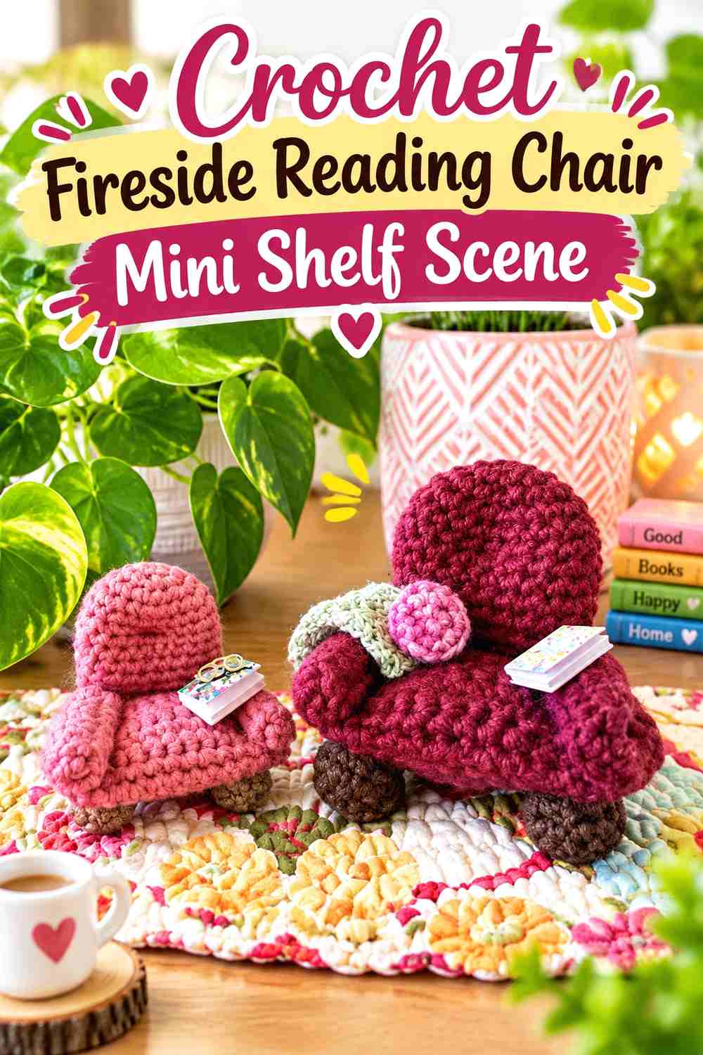 1. Crochet Fireside Reading Chair Mini Shelf Scene