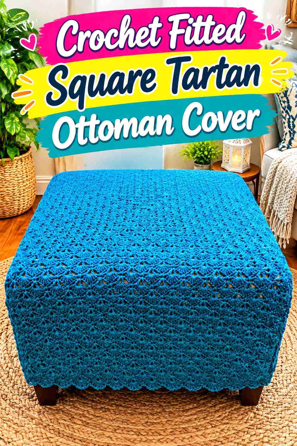 12. Crochet Fitted Square Tartan Ottoman Cover